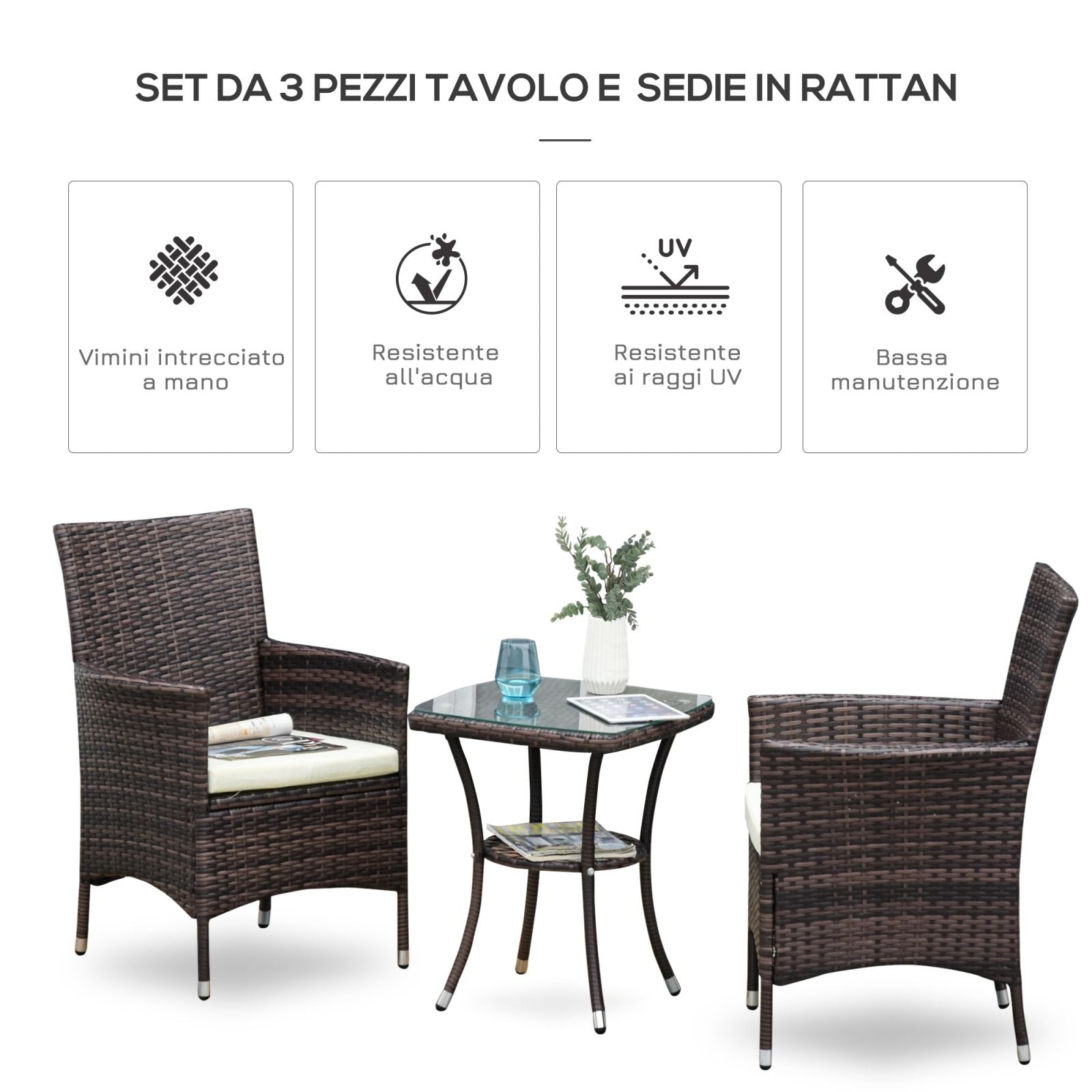 EASYCOMFORT Set of Rattan Garden Armchairs with Coffee Table, Brown