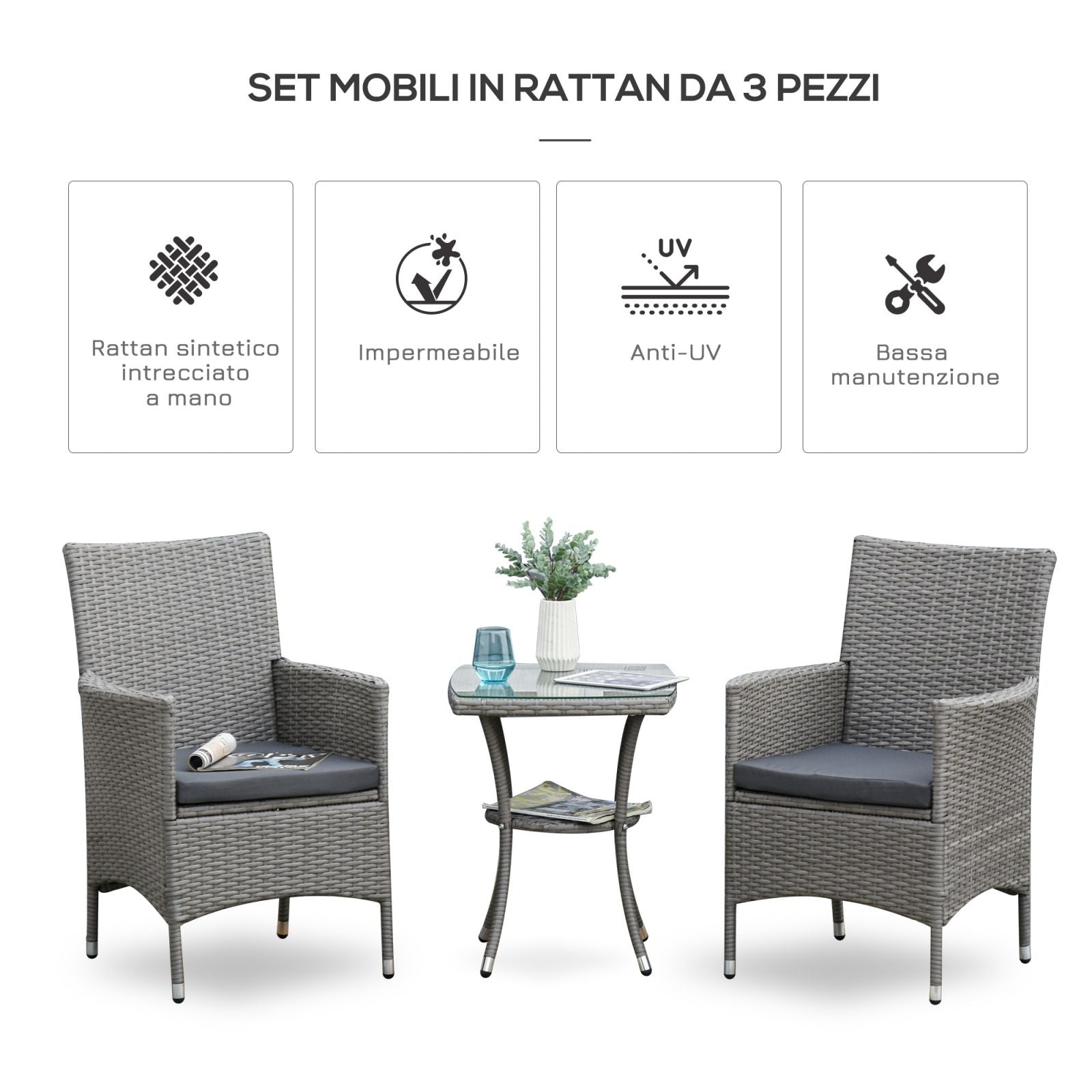 EASYCOMFORT Outdoor Table and Chair Set in Gray PE Rattan
