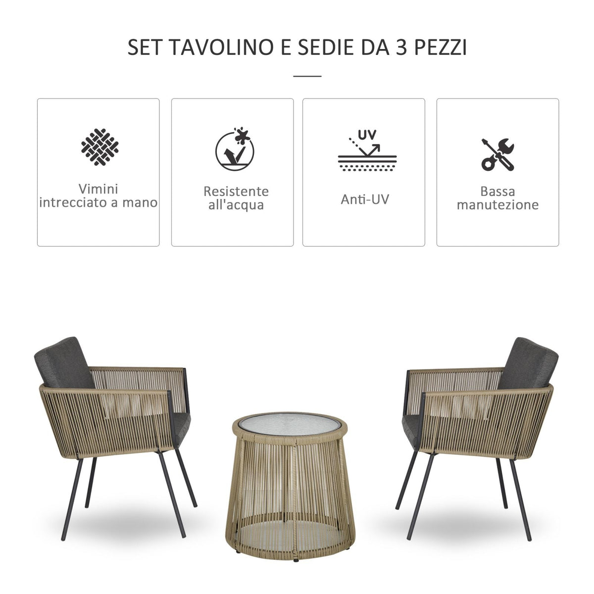 EasyComfort 3-delige tuinset met 2 stoelen en bijzettafel - khaki/grijs