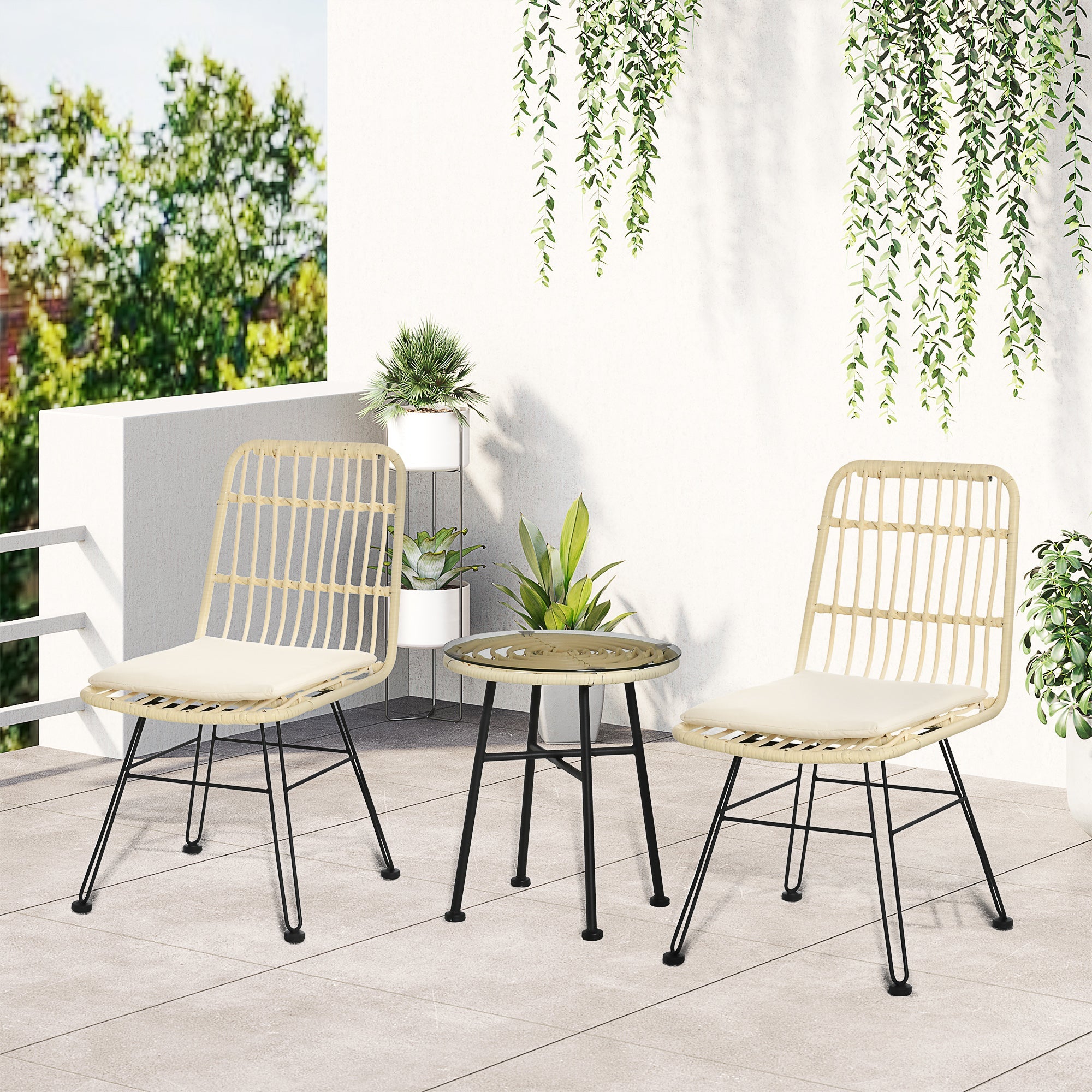 EASYCOMFORT 3-piece garden furniture set with coffee table and chairs in PE rattan, polyester and steel for outdoor use, cream