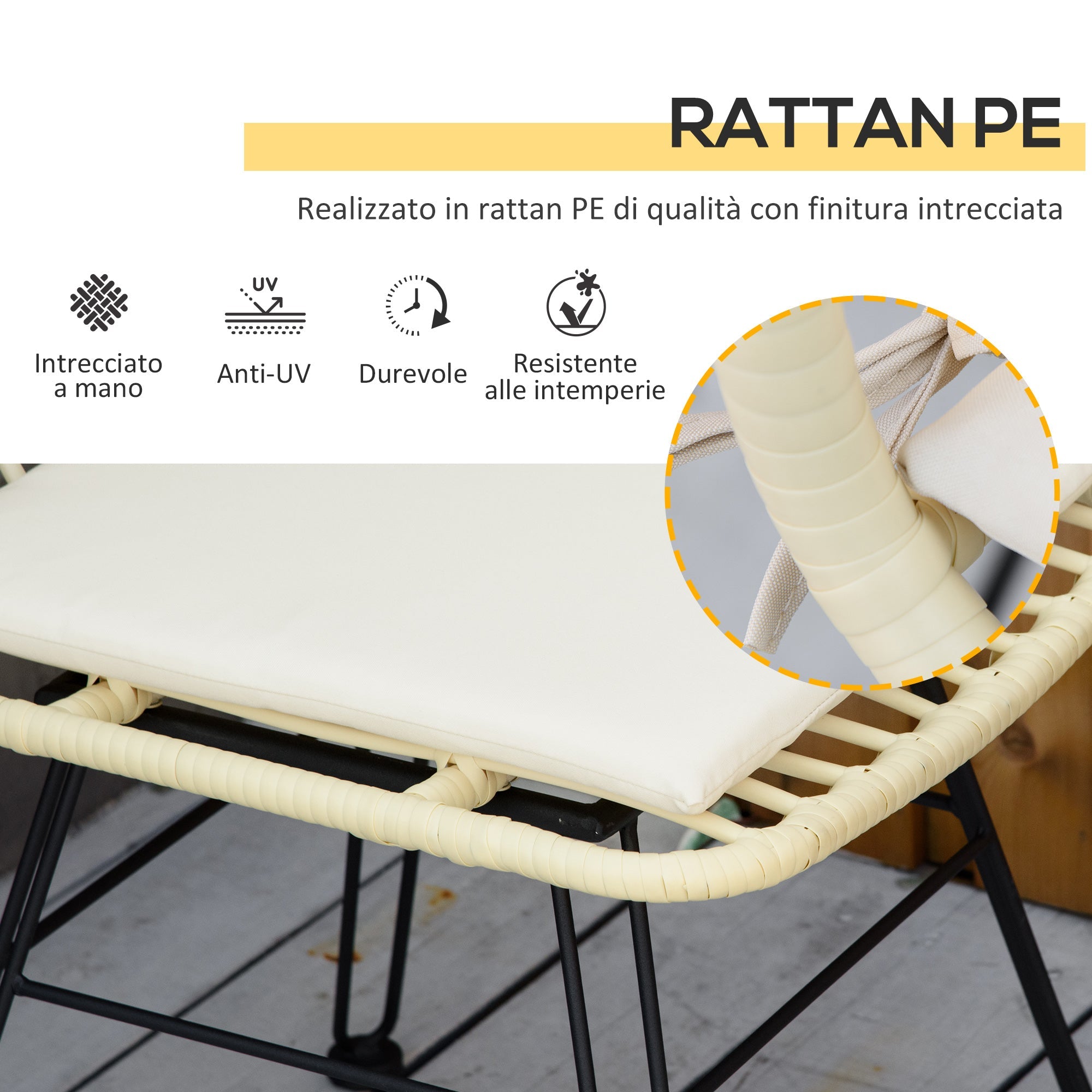 EASYCOMFORT 3-piece garden furniture set with coffee table and chairs in PE rattan, polyester and steel for outdoor use, cream