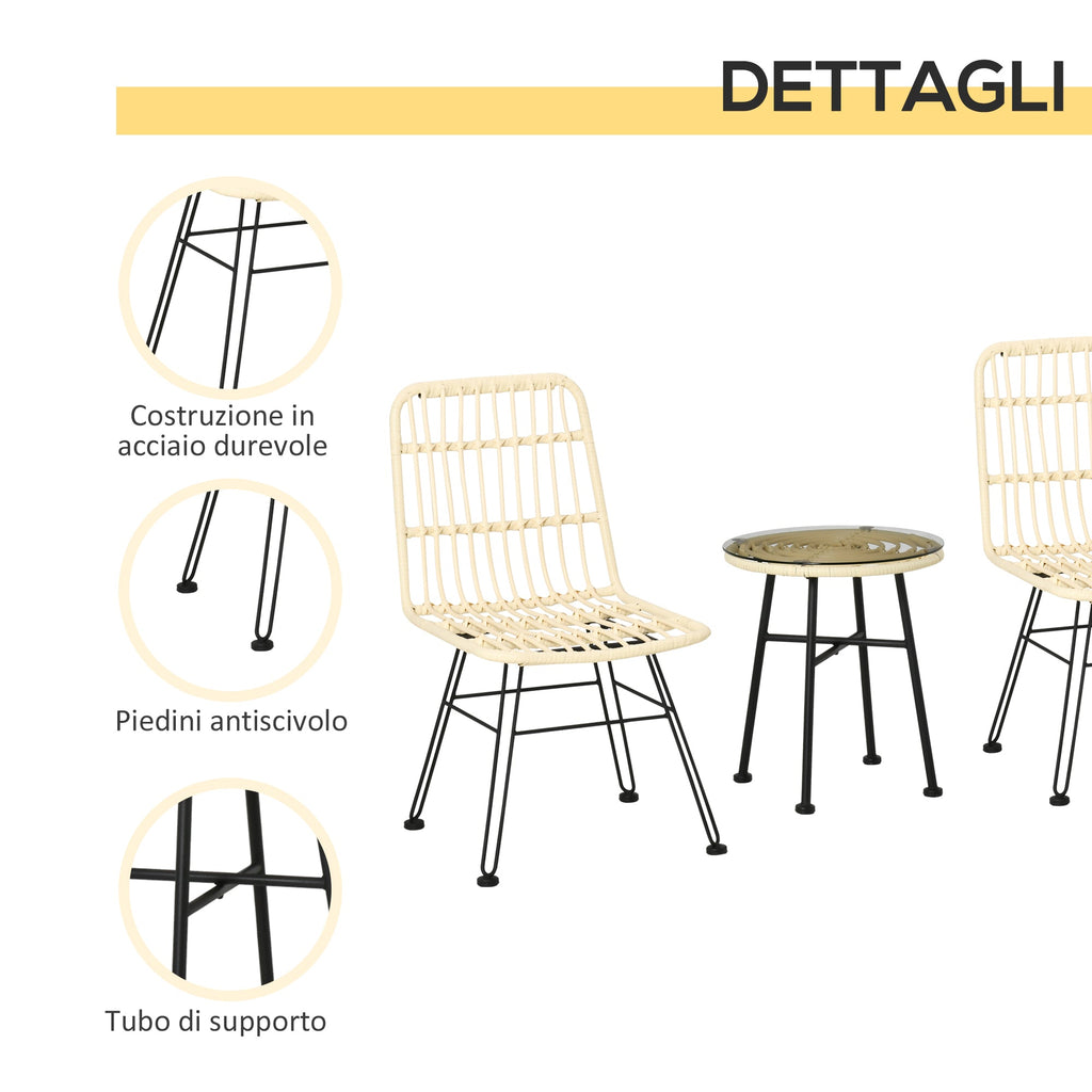 EASYCOMFORT 3-piece garden furniture set with coffee table and chairs in PE rattan, polyester and steel for outdoor use, cream