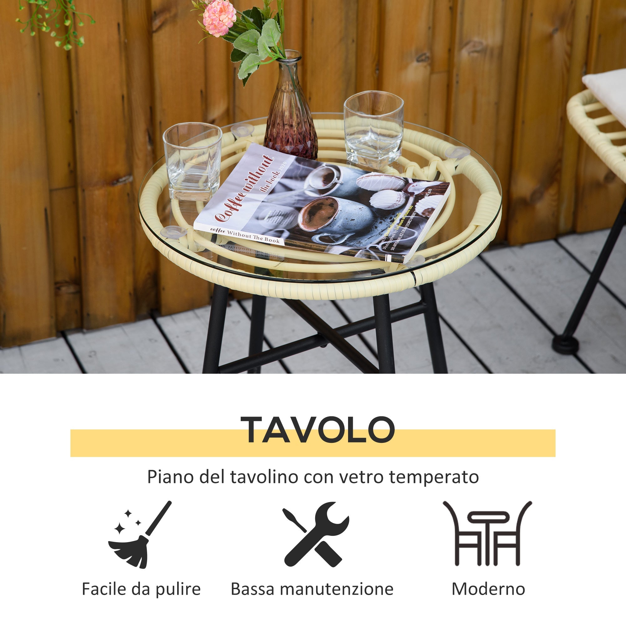 EASYCOMFORT 3-piece garden furniture set with coffee table and chairs in PE rattan, polyester and steel for outdoor use, cream