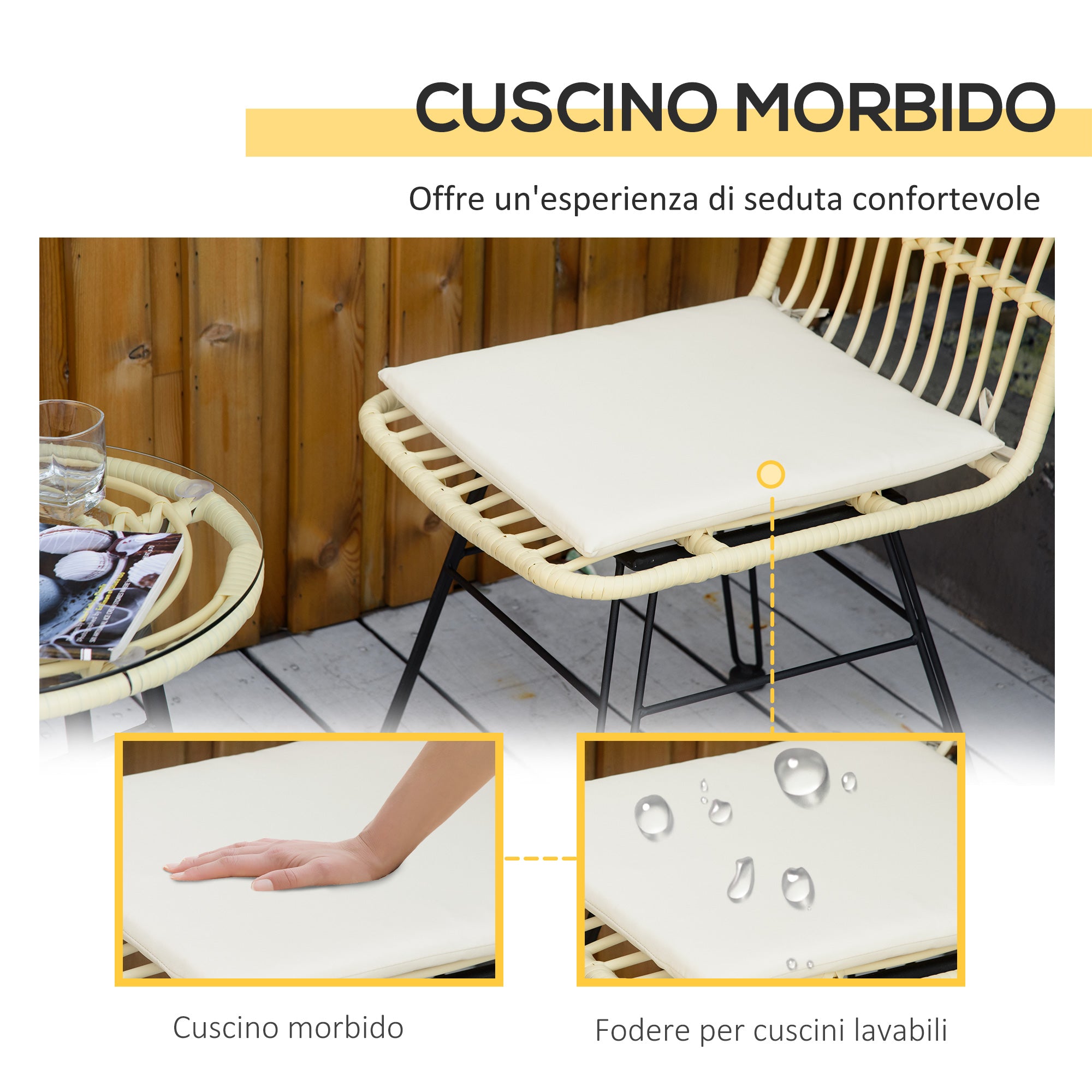 EASYCOMFORT 3-piece garden furniture set with coffee table and chairs in PE rattan, polyester and steel for outdoor use, cream
