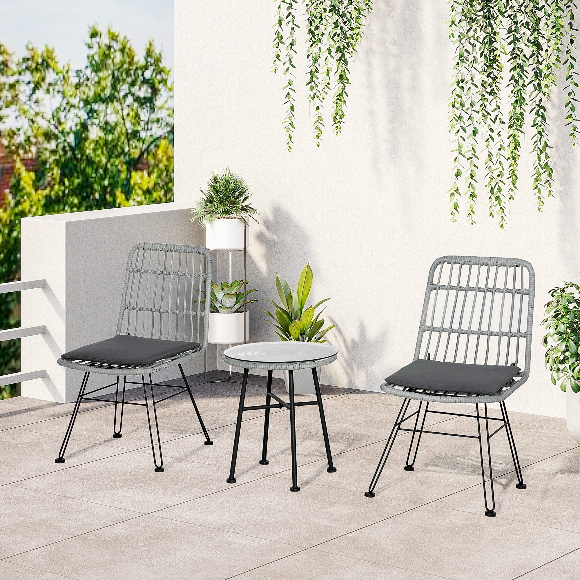 EASYCOMFORT 3-piece garden furniture set with coffee table and chairs in PE rattan, polyester and steel for outdoor use, gray