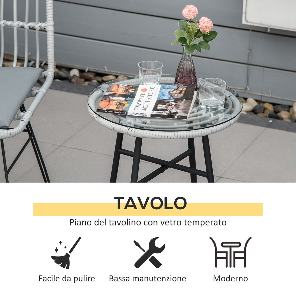 EASYCOMFORT 3-piece garden furniture set with coffee table and chairs in PE rattan, polyester and steel for outdoor use, gray