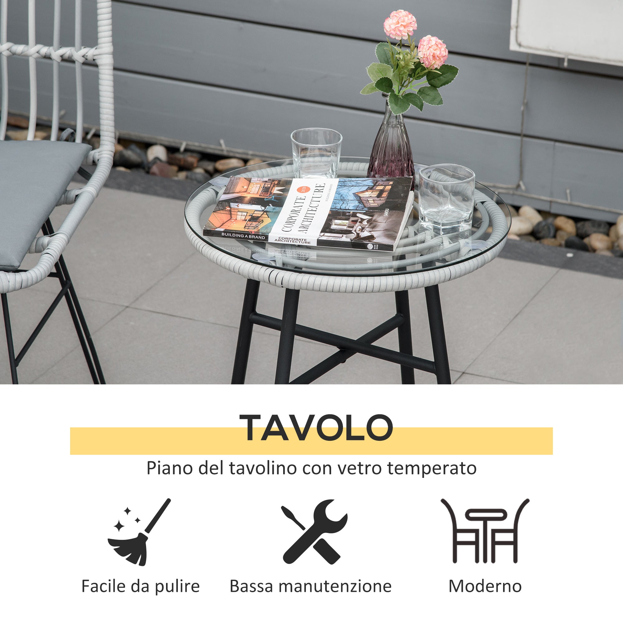 EASYCOMFORT 3-piece garden furniture set with coffee table and chairs in PE rattan, polyester and steel for outdoor use, gray