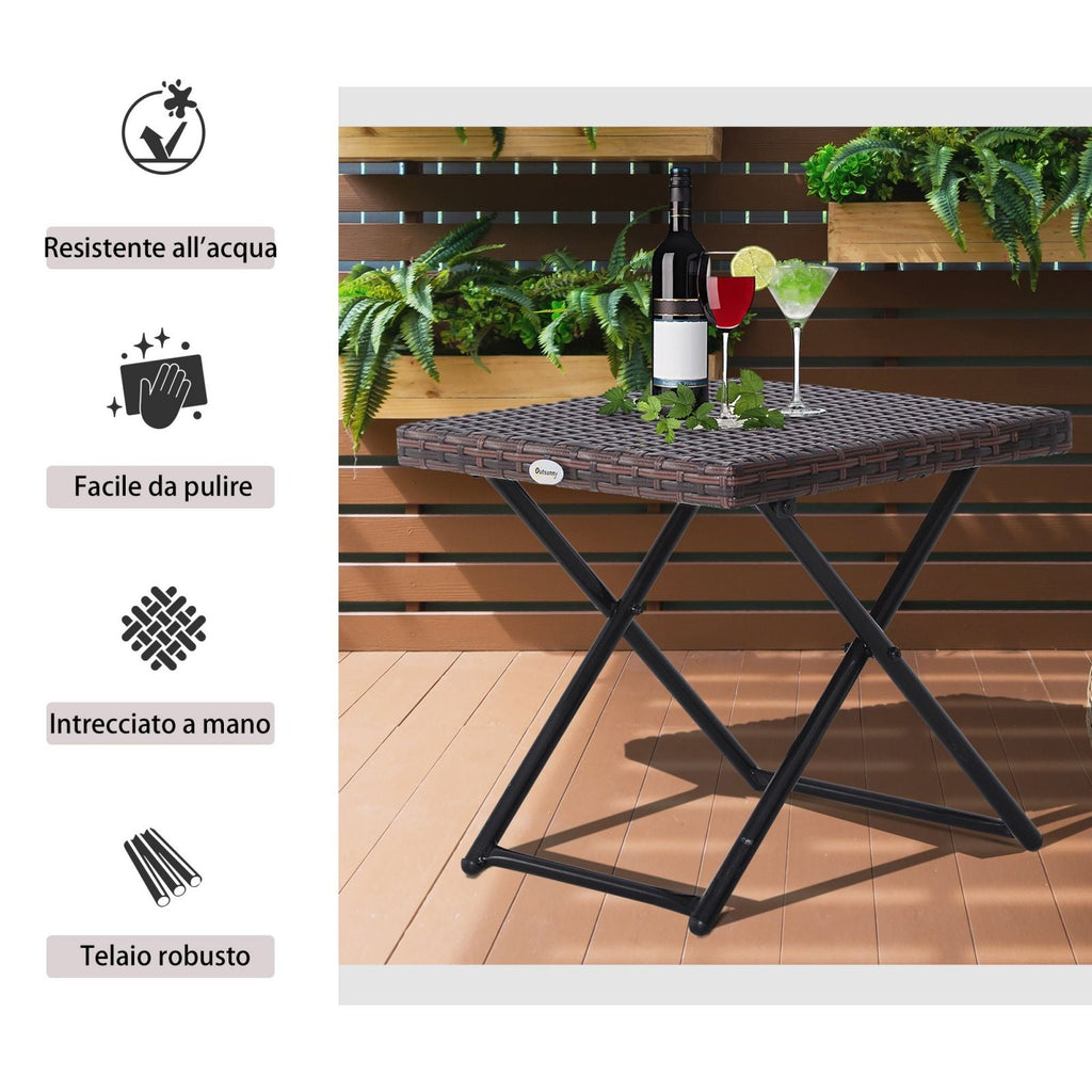EASYCOMFORT Folding Garden Coffee Table in Synthetic Rattan and Brown Steel
