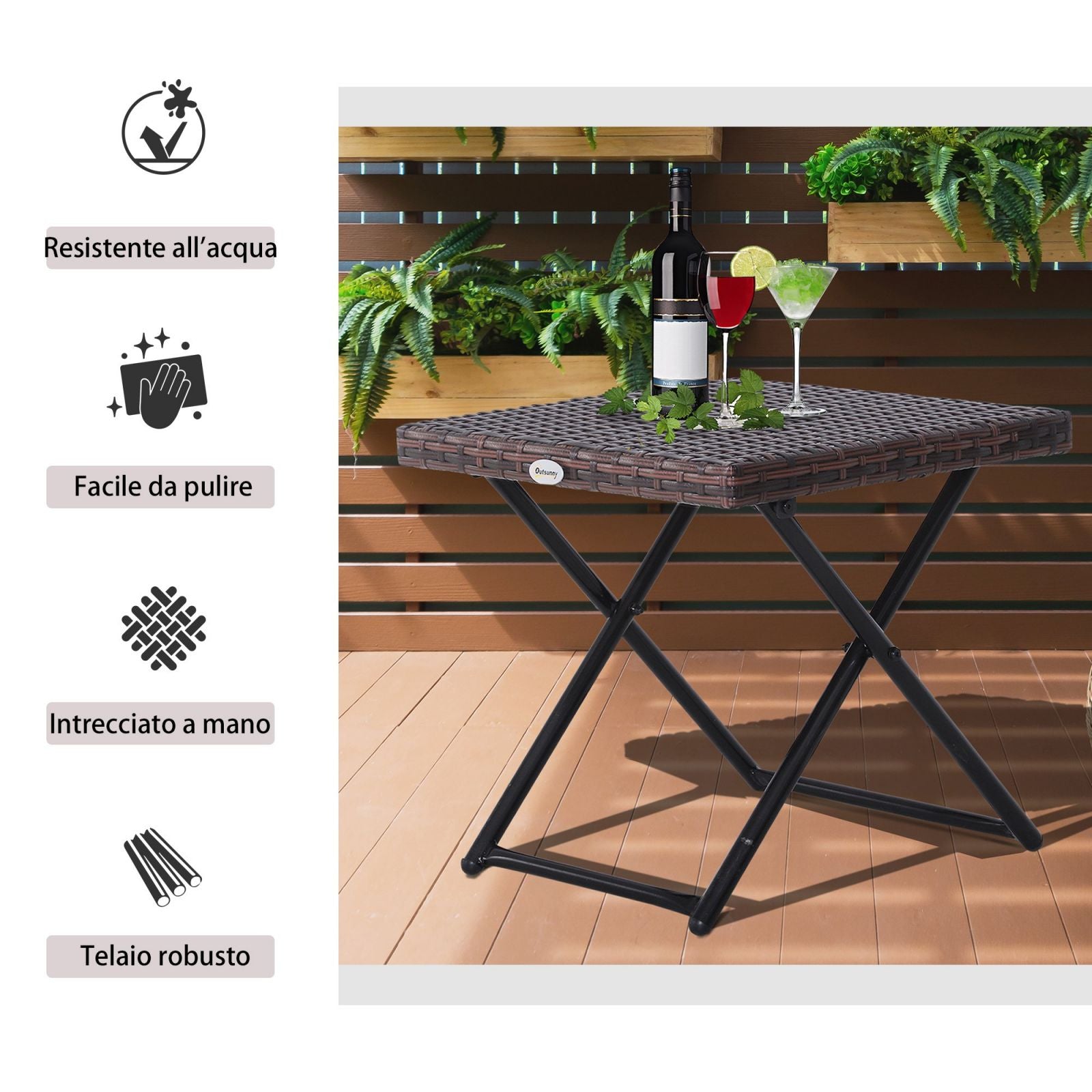 EASYCOMFORT Folding Garden Coffee Table in Synthetic Rattan and Brown Steel