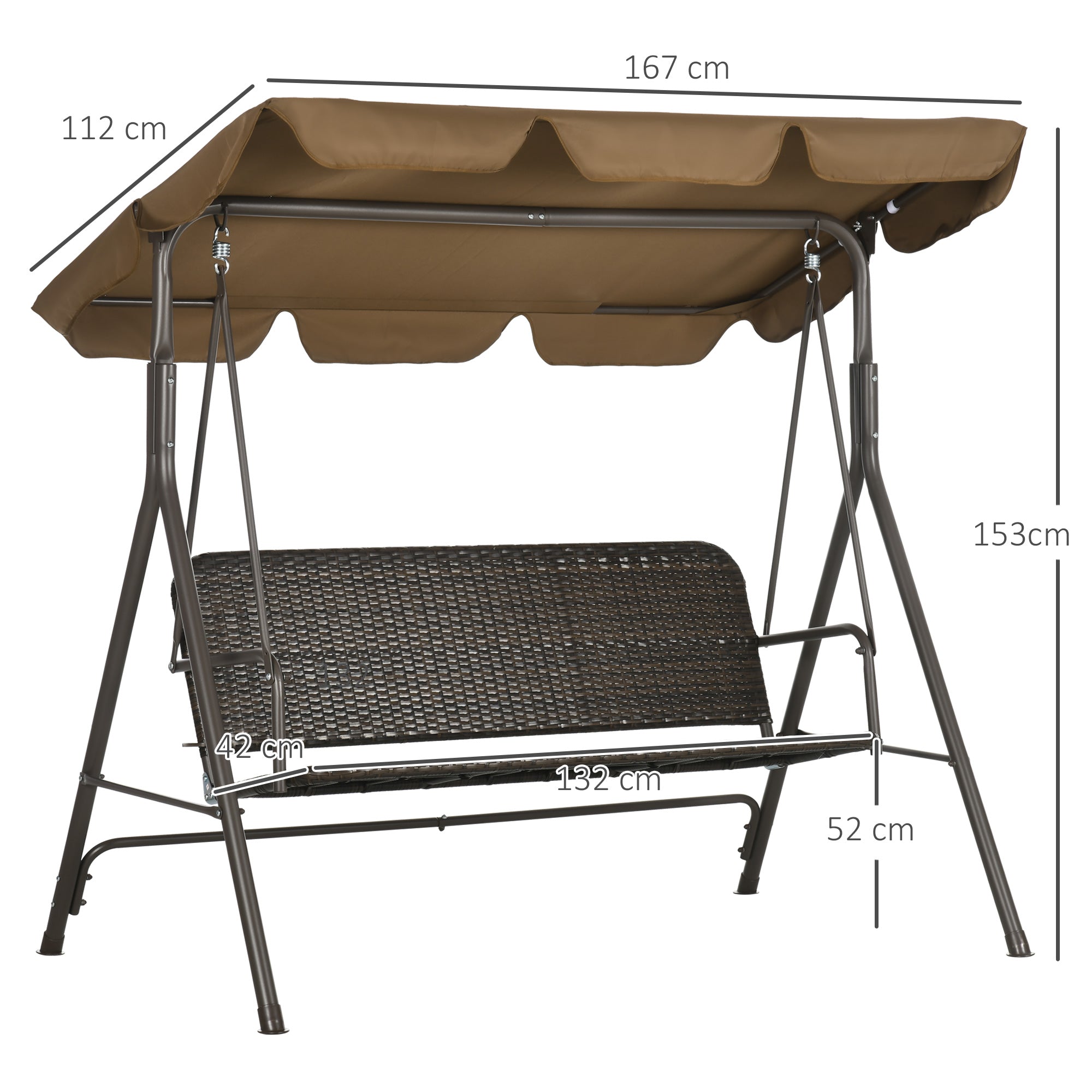 EASYCOMFORT 3-seater garden swing with adjustable canopy in PE rattan and steel, 167x112x153cm