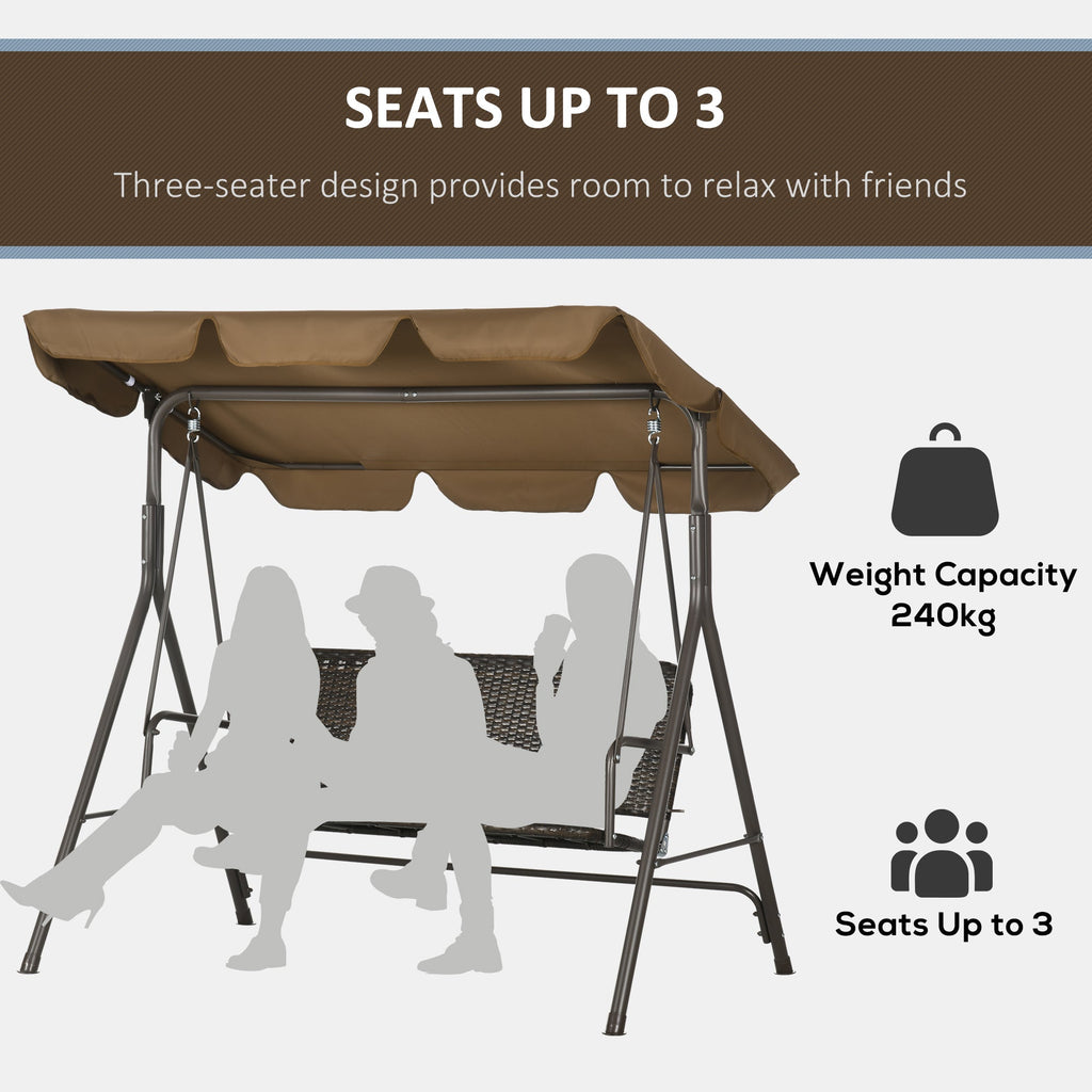 EASYCOMFORT 3-seater garden swing with adjustable canopy in PE rattan and steel, 167x112x153cm
