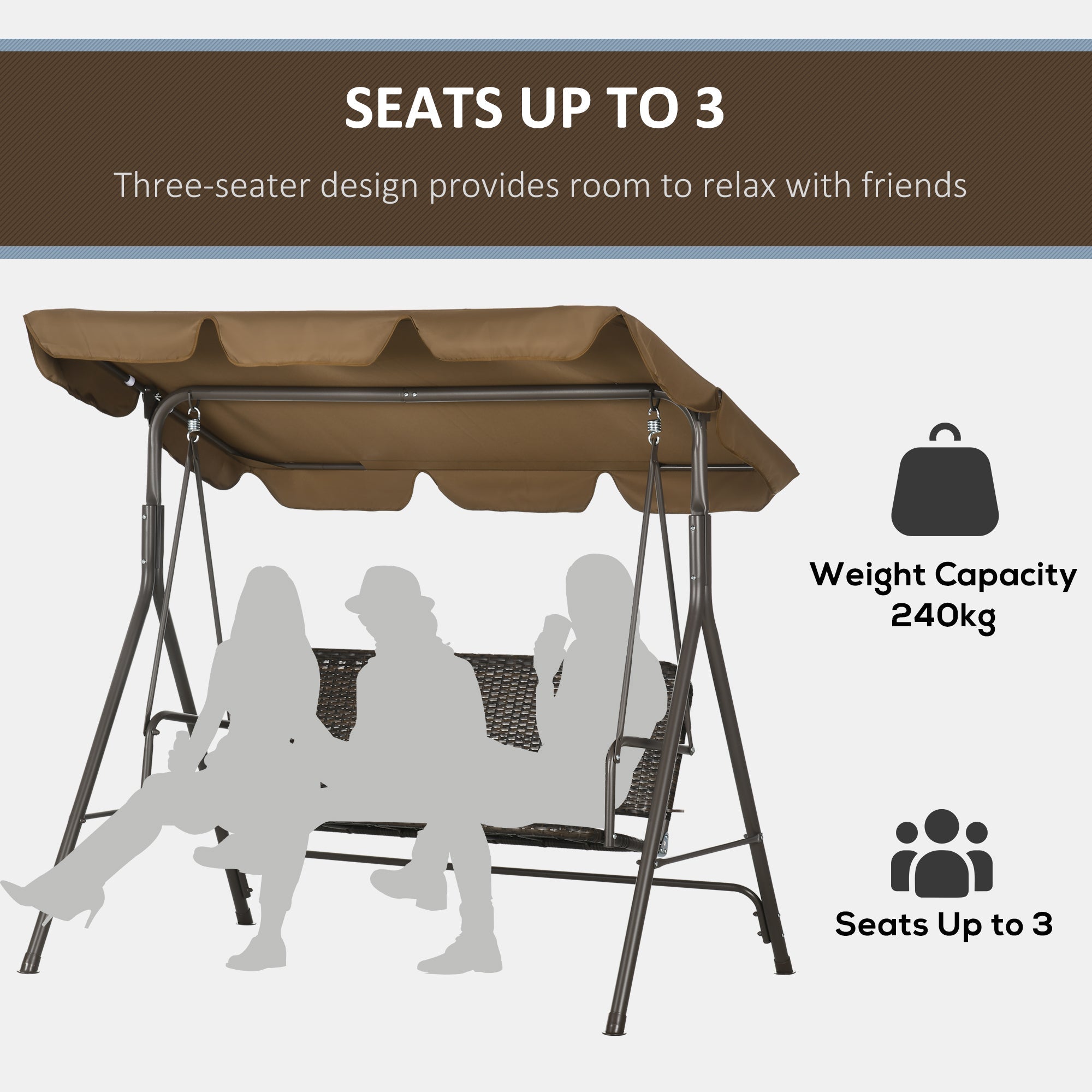 EASYCOMFORT 3-seater garden swing with adjustable canopy in PE rattan and steel, 167x112x153cm