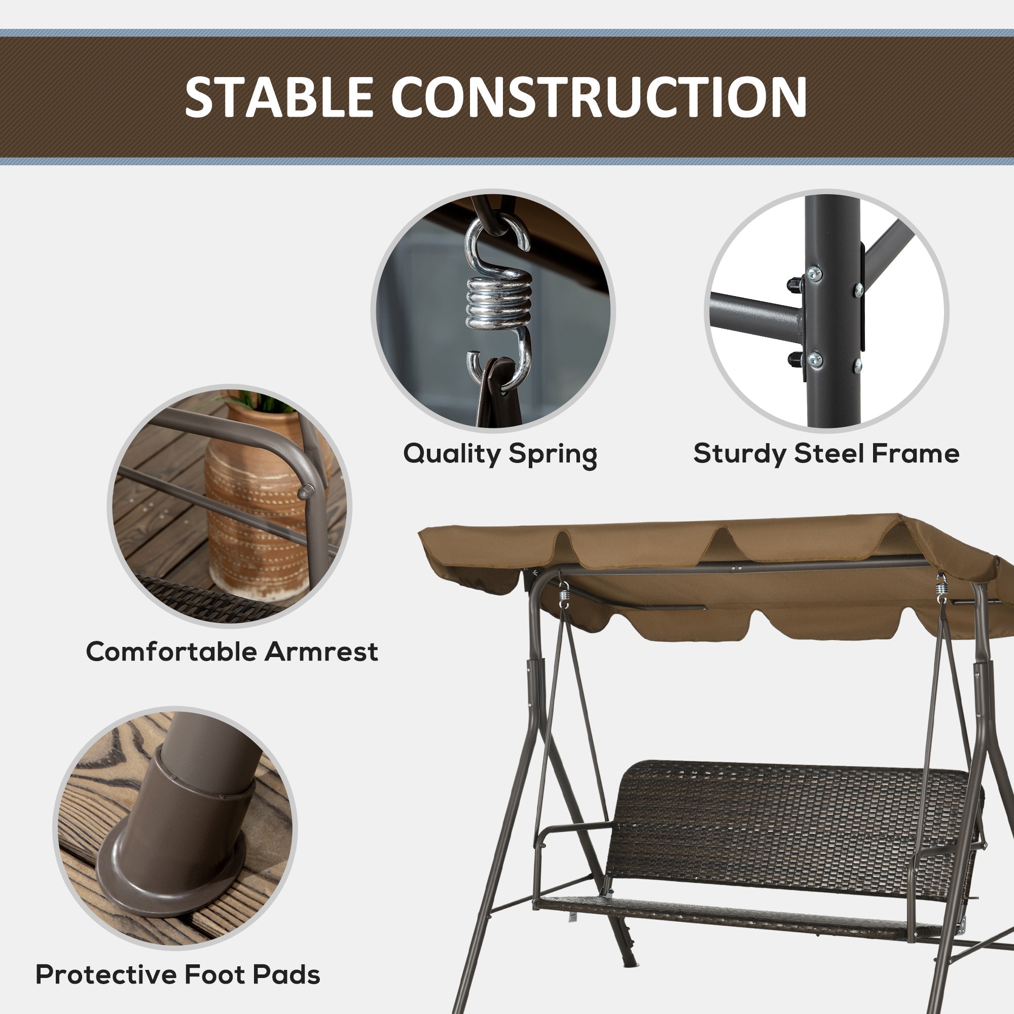 EASYCOMFORT 3-seater garden swing with adjustable canopy in PE rattan and steel, 167x112x153cm