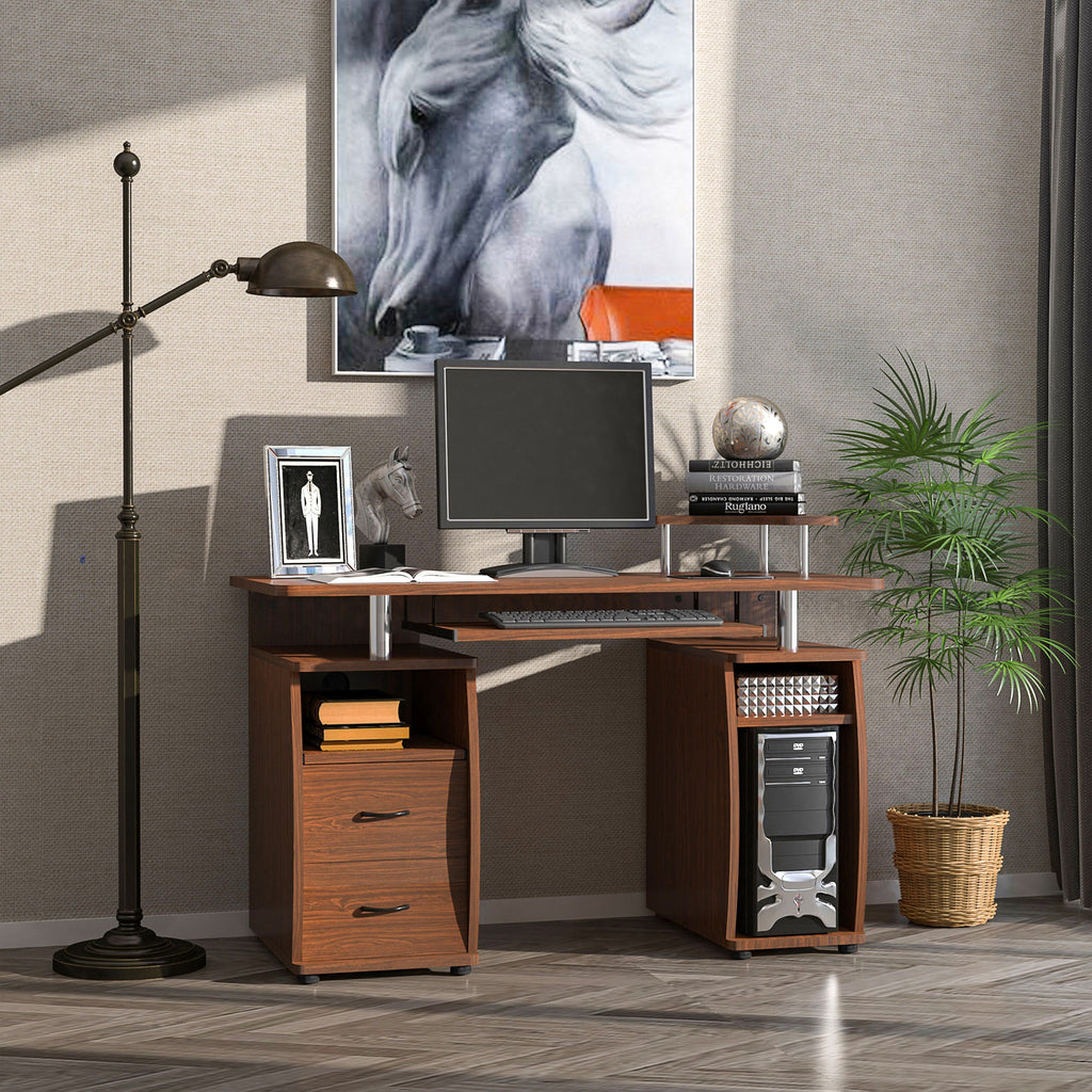 Easycomfort Scrivania per Computer Moderna Porta PC in Legno with Cassetti, Scrivania Salvaspazio Con Libreria, Mensola Estraibile e Porta Tastiera, 120x55x85cm, Marrone