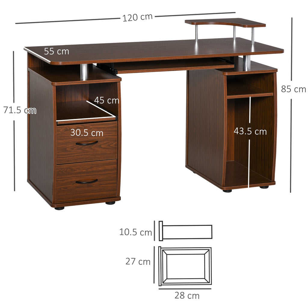 Easycomfort Scrivania per Computer Moderna Porta PC in Legno with Cassetti, Scrivania Salvaspazio Con Libreria, Mensola Estraibile e Porta Tastiera, 120x55x85cm, Marrone