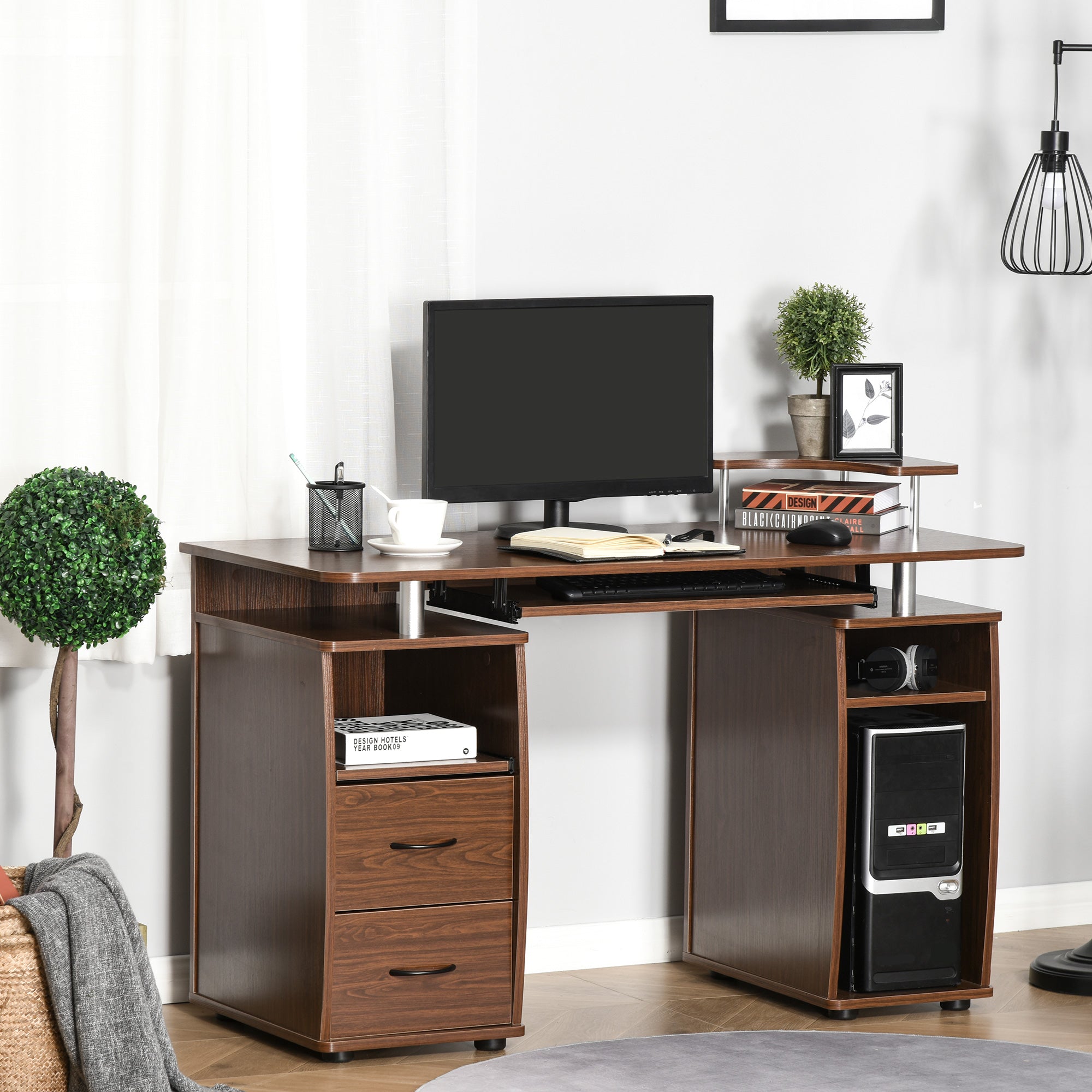 Easycomfort Scrivania per Computer Moderna Porta PC in Legno with Cassetti, Scrivania Salvaspazio Con Libreria, Mensola Estraibile e Porta Tastiera, 120x55x85cm, Marrone