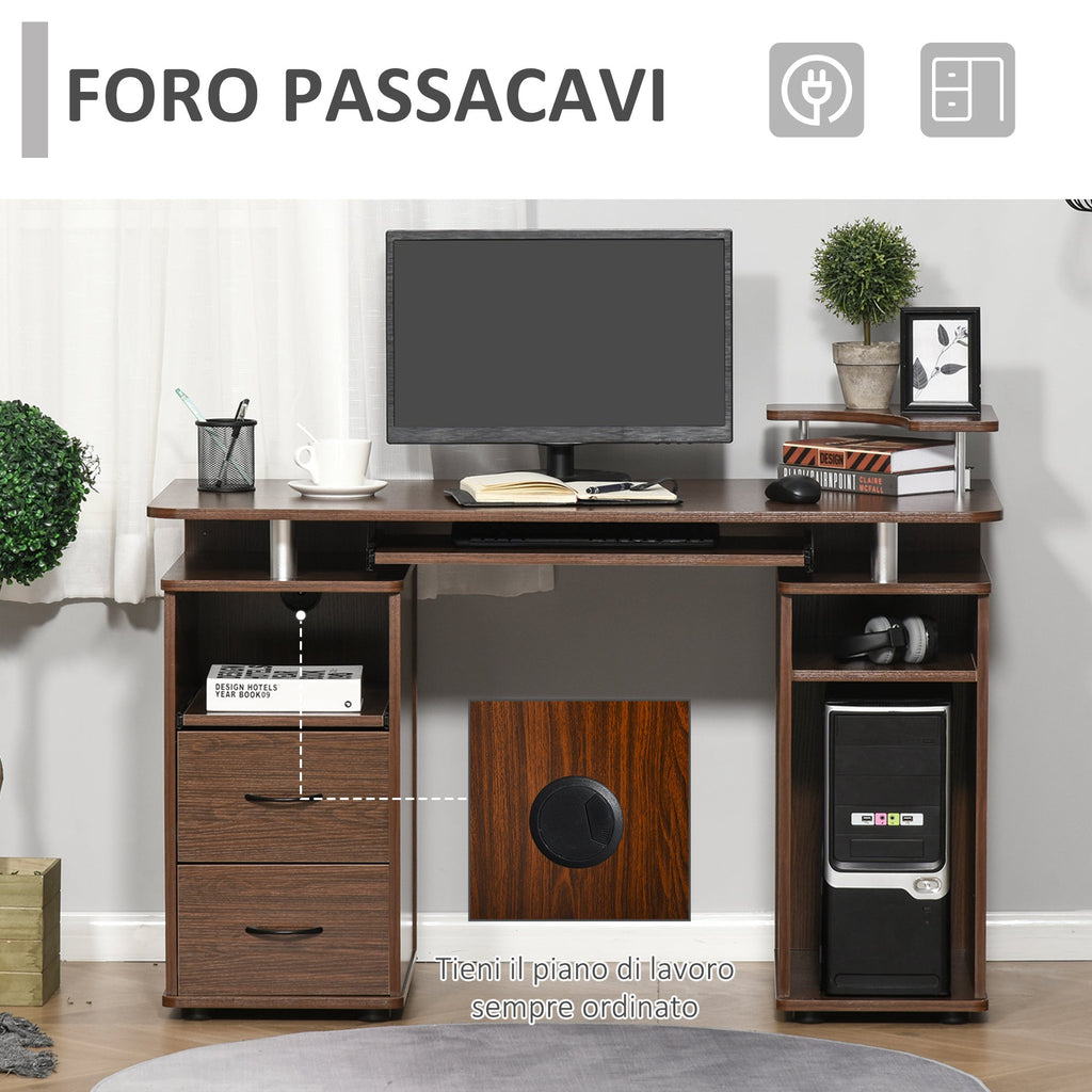 Easycomfort Scrivania per Computer Moderna Porta PC in Legno with Cassetti, Scrivania Salvaspazio Con Libreria, Mensola Estraibile e Porta Tastiera, 120x55x85cm, Marrone