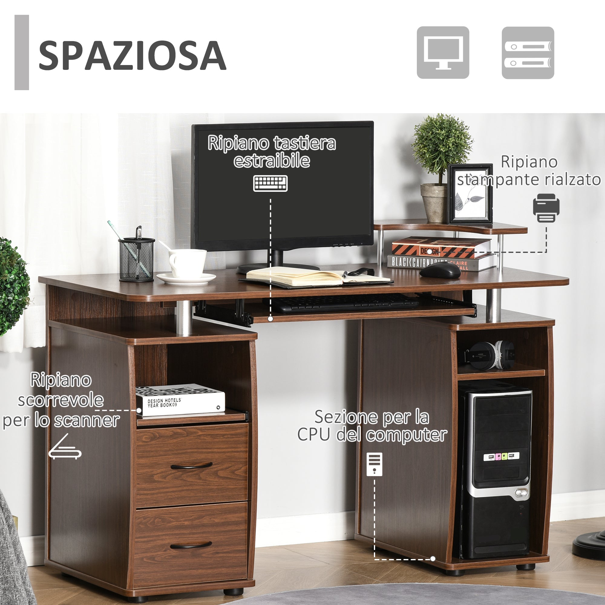Easycomfort Scrivania per Computer Moderna Porta PC in Legno with Cassetti, Scrivania Salvaspazio Con Libreria, Mensola Estraibile e Porta Tastiera, 120x55x85cm, Marrone