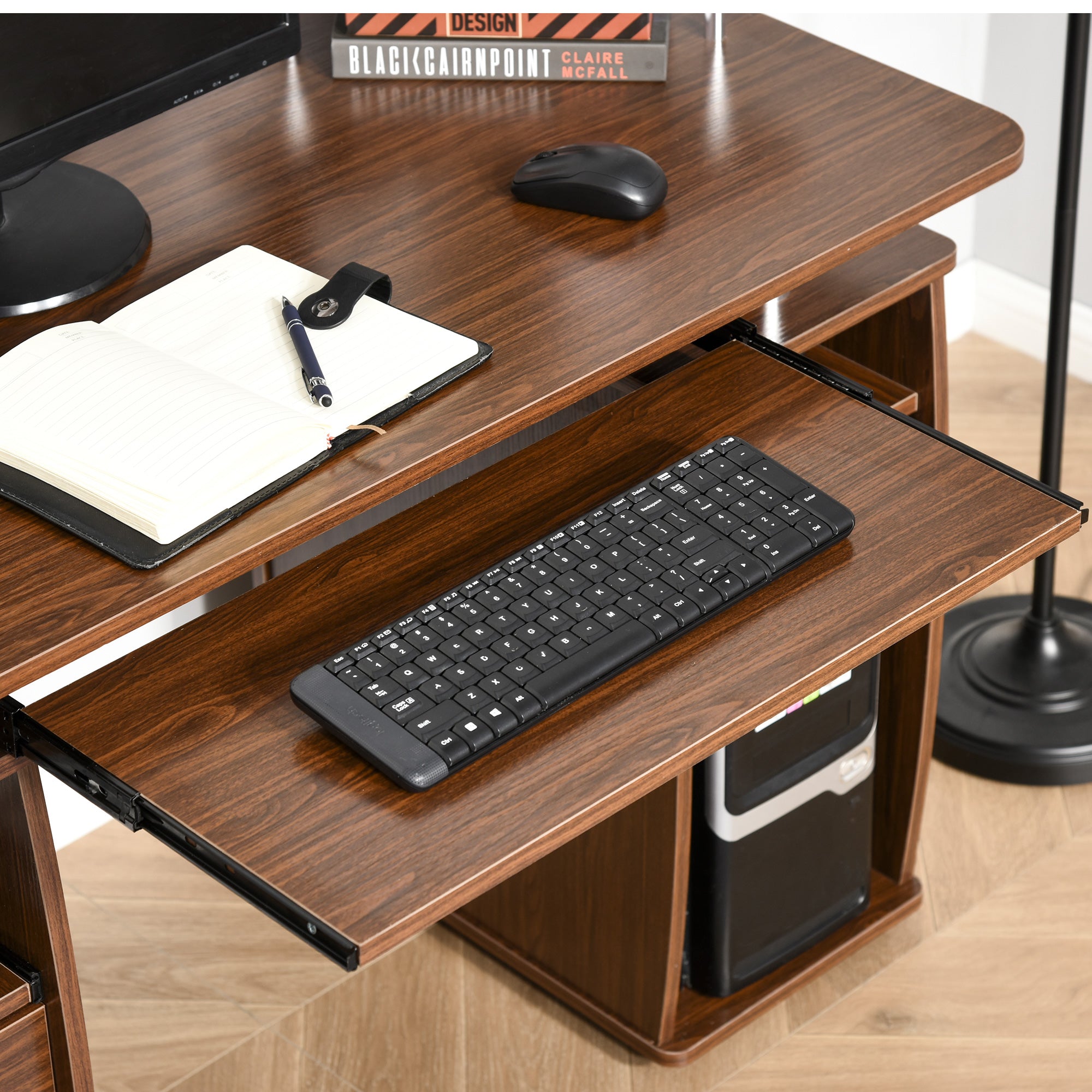 Easycomfort Scrivania per Computer Moderna Porta PC in Legno with Cassetti, Scrivania Salvaspazio Con Libreria, Mensola Estraibile e Porta Tastiera, 120x55x85cm, Marrone