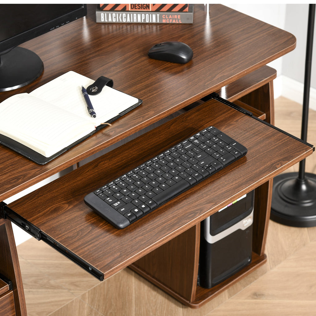 Easycomfort Scrivania per Computer Moderna Porta PC in Legno with Cassetti, Scrivania Salvaspazio Con Libreria, Mensola Estraibile e Porta Tastiera, 120x55x85cm, Marrone