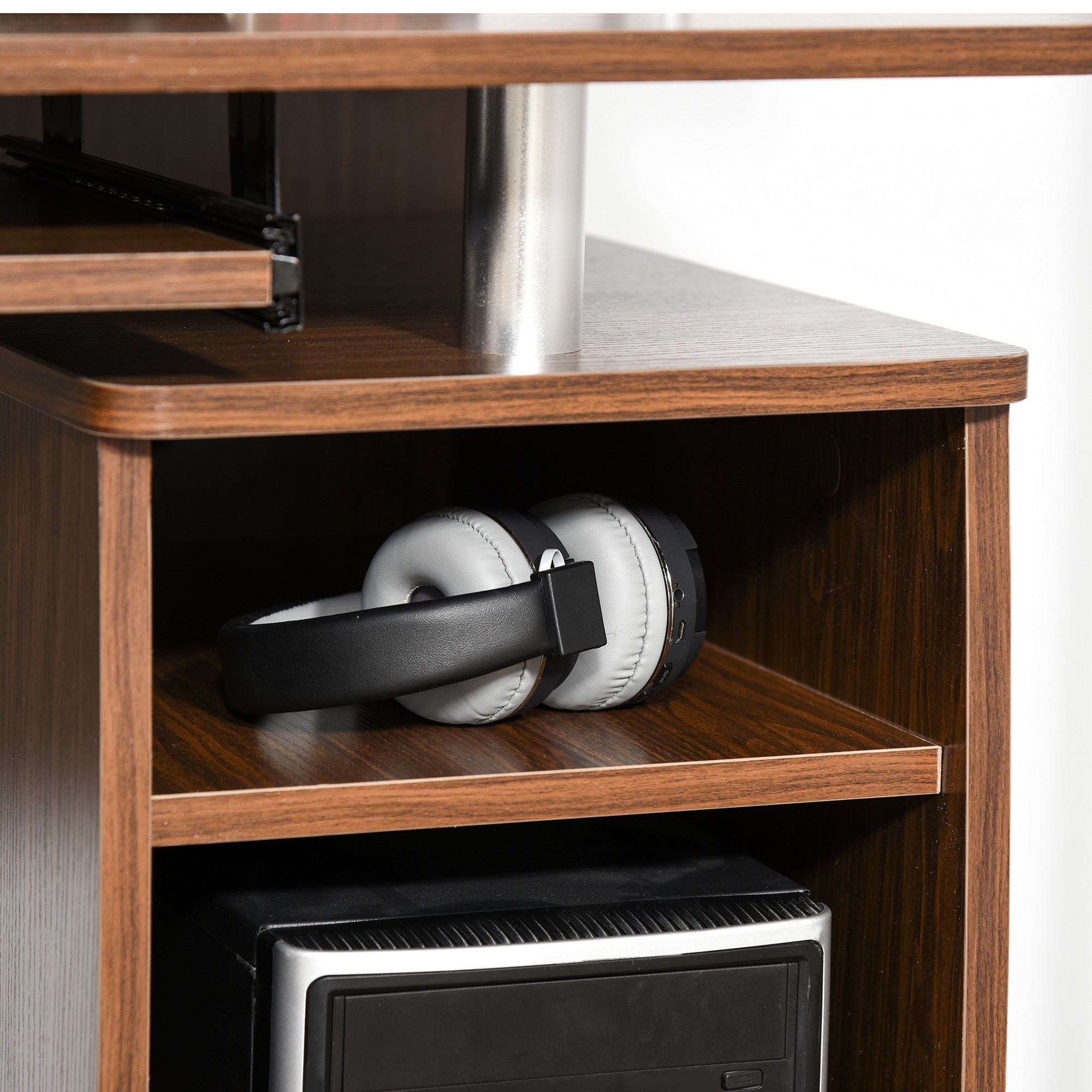 Easycomfort Scrivania per Computer Moderna Porta PC in Legno with Cassetti, Scrivania Salvaspazio Con Libreria, Mensola Estraibile e Porta Tastiera, 120x55x85cm, Marrone