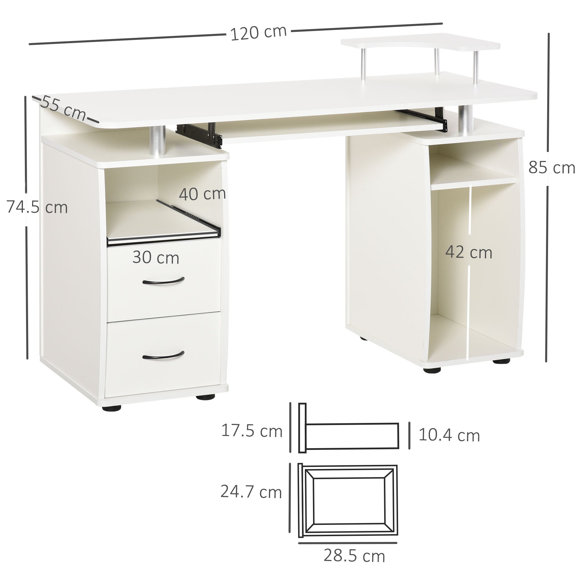 EasyComfort bureau voor pc met toetsenbordlade en 2 lades 120x55x85 cm wit