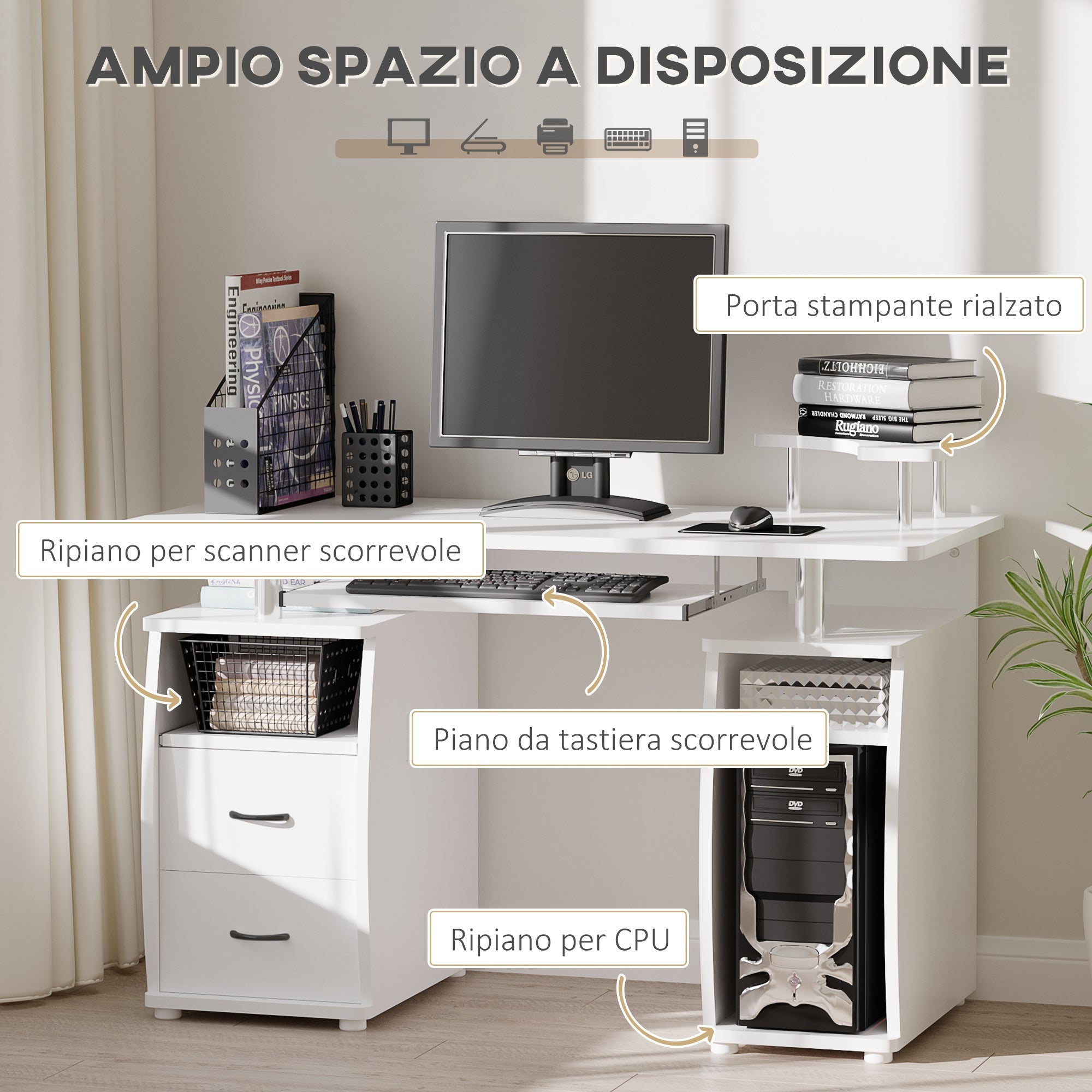 EasyComfort bureau voor pc met toetsenbordlade en 2 lades 120x55x85 cm wit