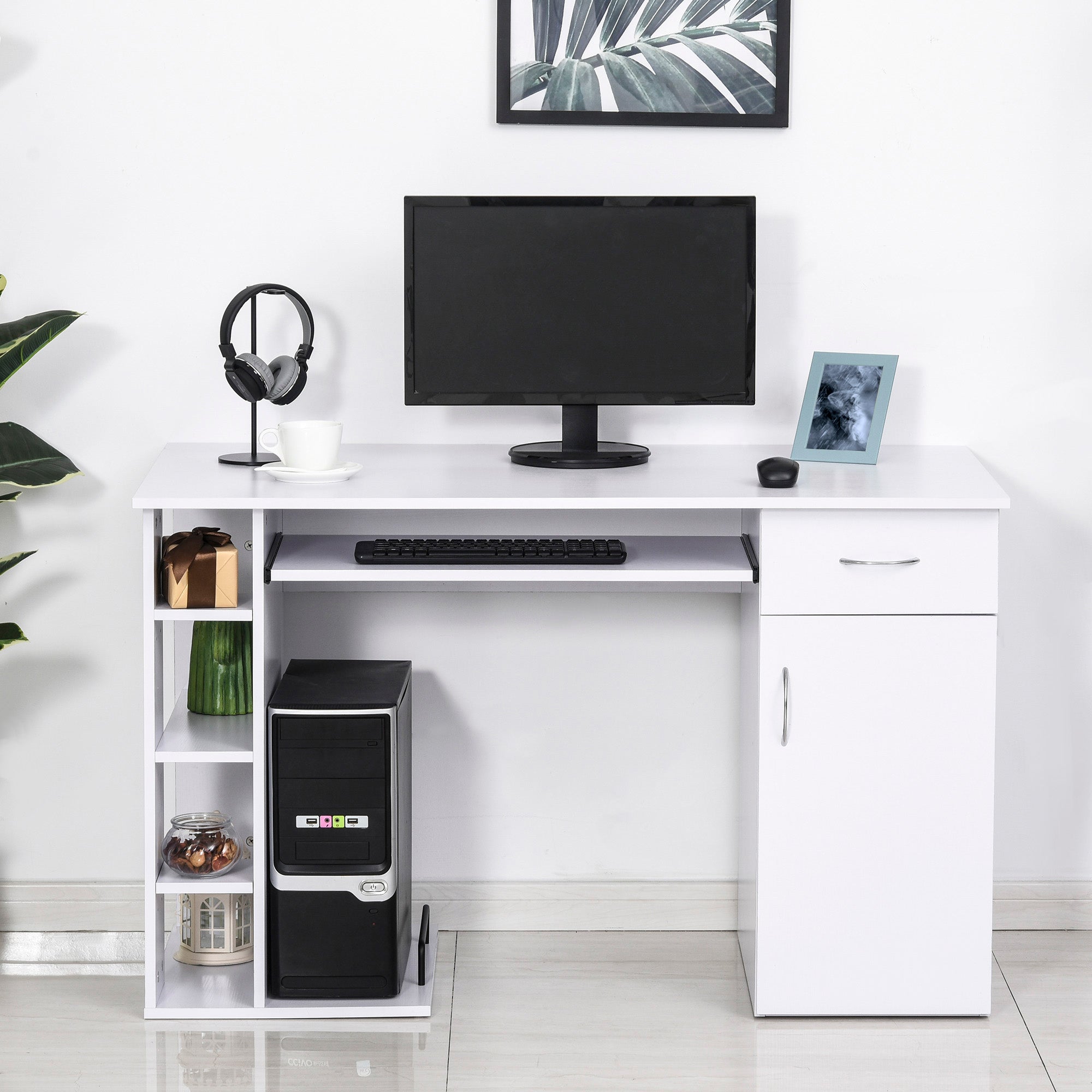 Easycomfort Scrivania per PC Ergonomica with Mensole, Armadietto, Cassetto e Piano Tastiera Estraibile, Bianca, 120x60x74cm