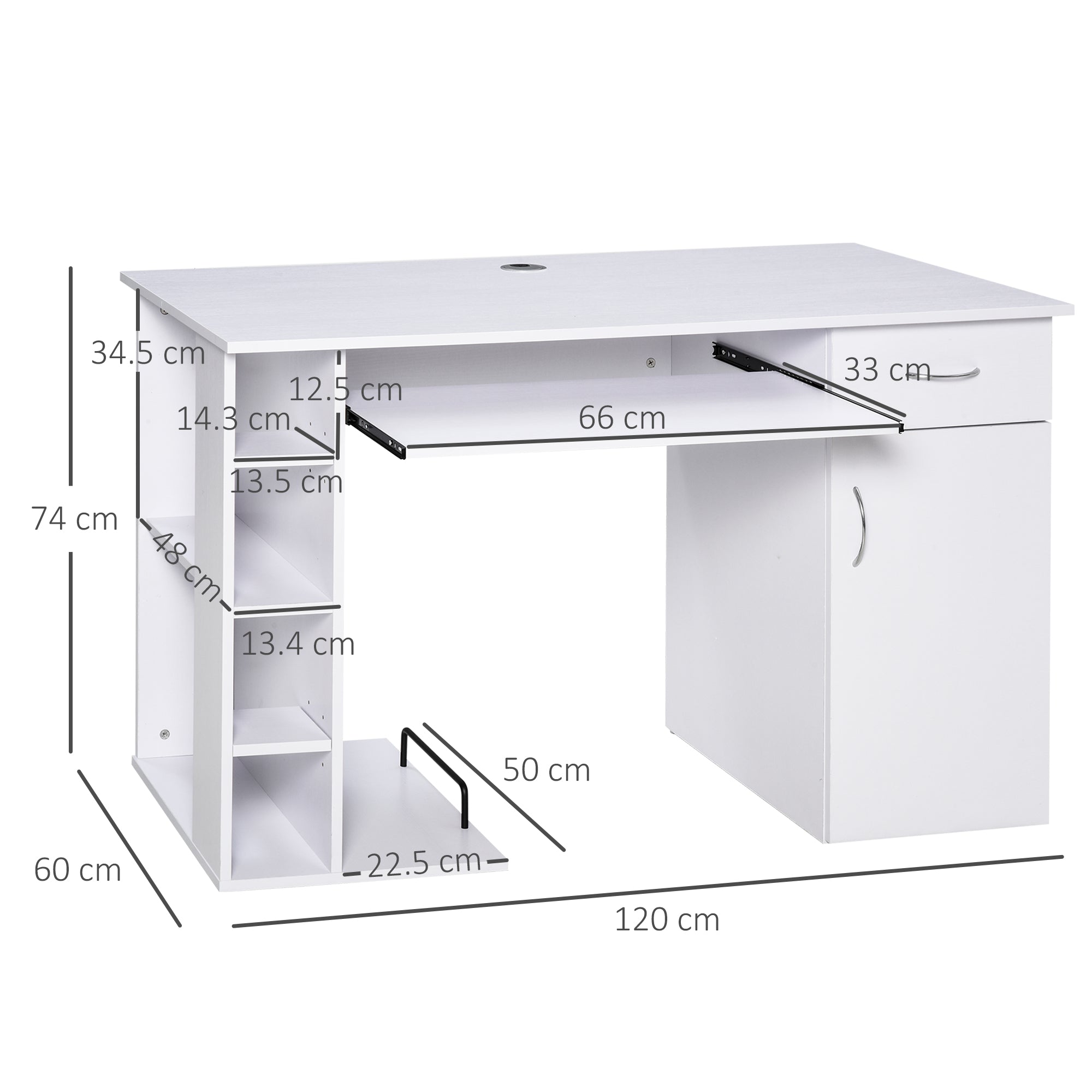 Easycomfort Scrivania per PC Ergonomica with Mensole, Armadietto, Cassetto e Piano Tastiera Estraibile, Bianca, 120x60x74cm