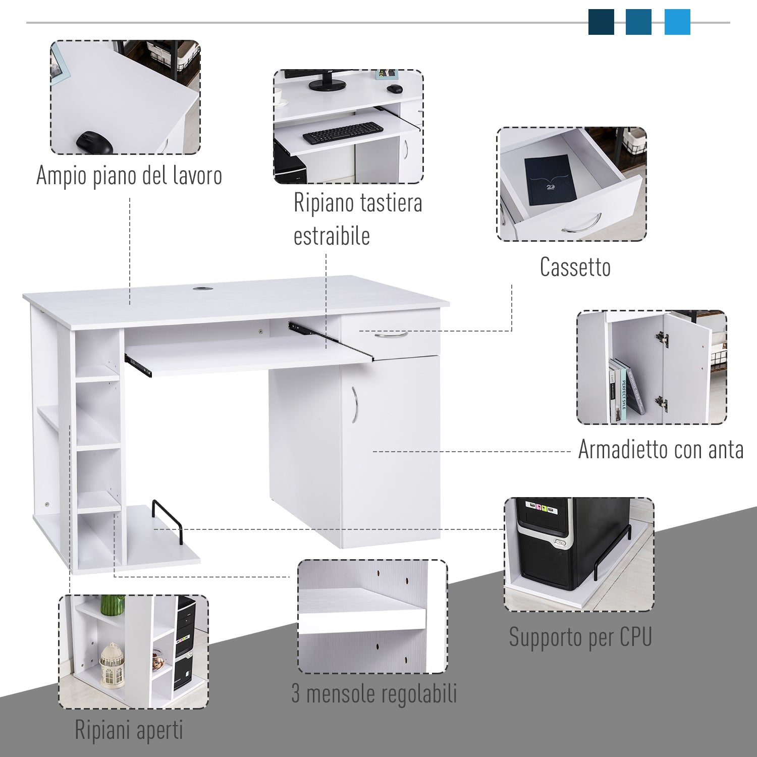 Easycomfort Scrivania per PC Ergonomica with Mensole, Armadietto, Cassetto e Piano Tastiera Estraibile, Bianca, 120x60x74cm