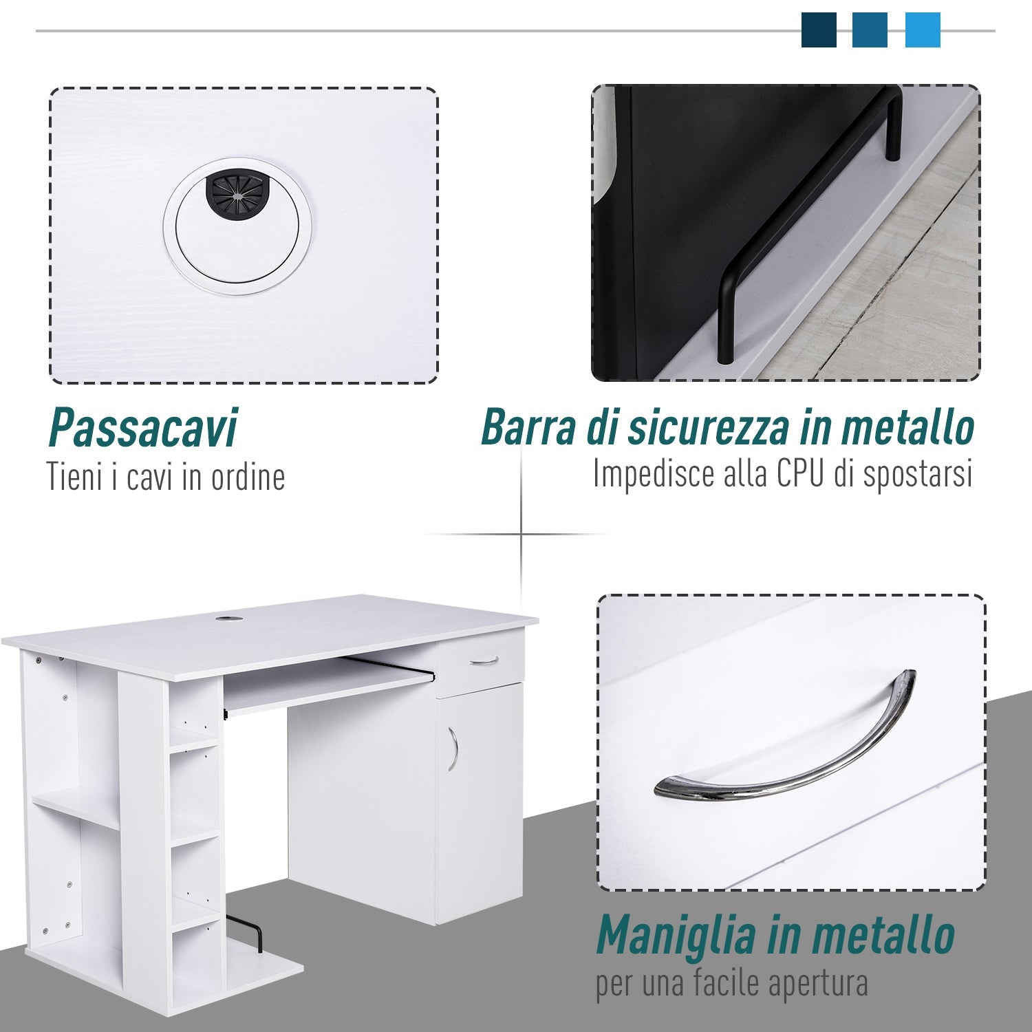 Easycomfort Scrivania per PC Ergonomica with Mensole, Armadietto, Cassetto e Piano Tastiera Estraibile, Bianca, 120x60x74cm