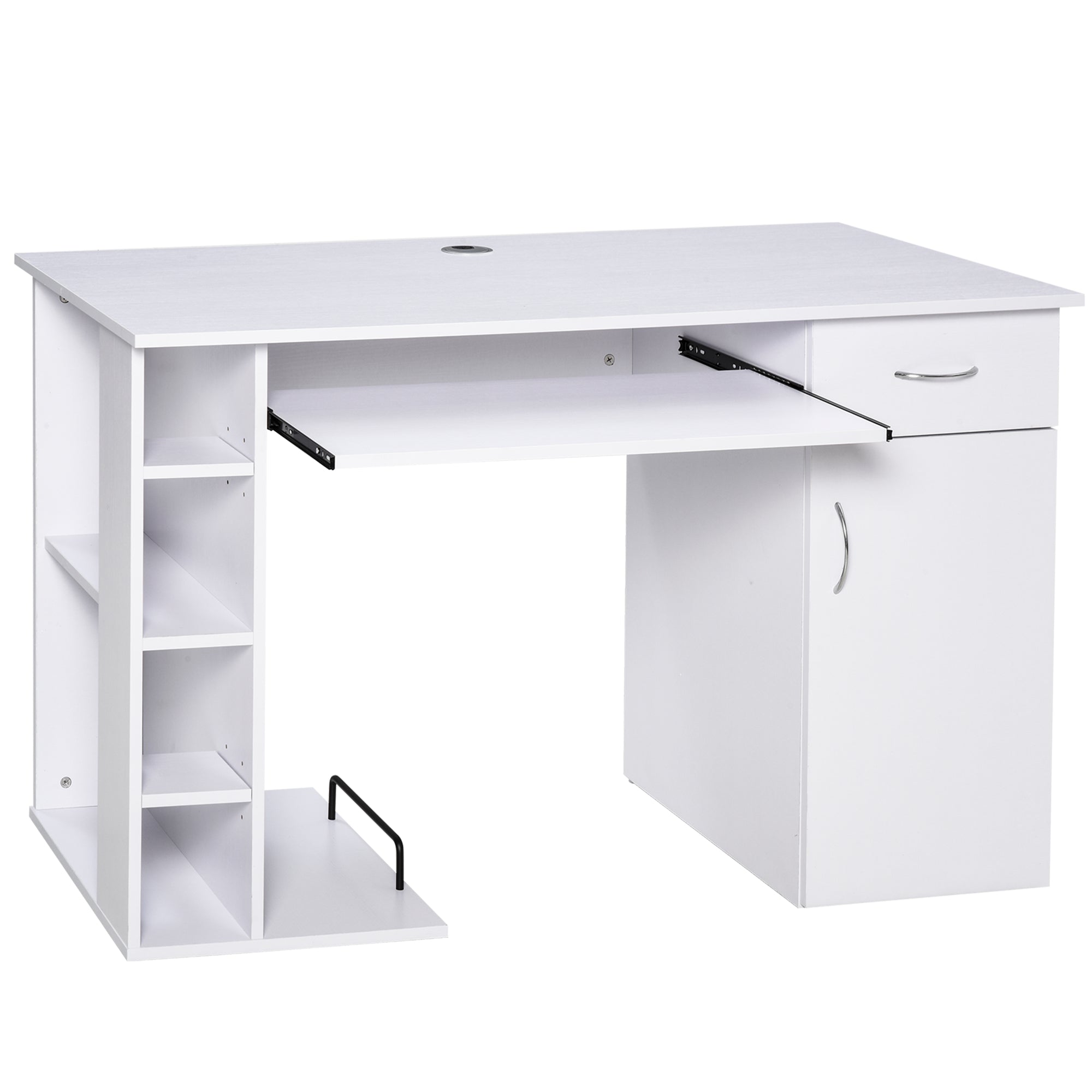 Easycomfort Scrivania per PC Ergonomica with Mensole, Armadietto, Cassetto e Piano Tastiera Estraibile, Bianca, 120x60x74cm