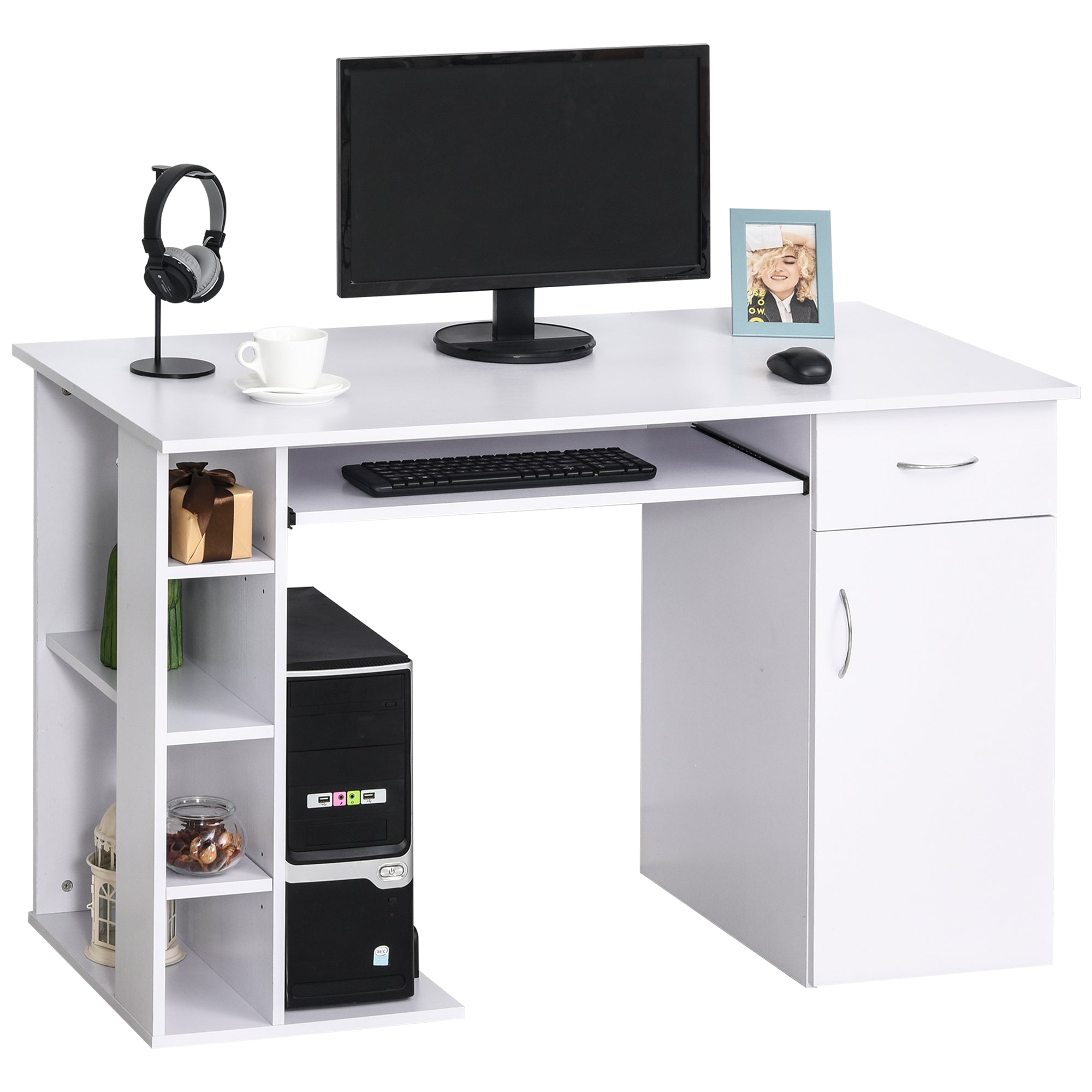 Easycomfort Scrivania per PC Ergonomica with Mensole, Armadietto, Cassetto e Piano Tastiera Estraibile, Bianca, 120x60x74cm