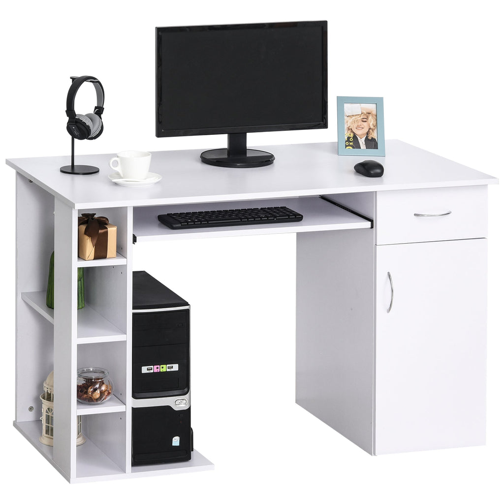 Easycomfort Scrivania per PC Ergonomica with Mensole, Armadietto, Cassetto e Piano Tastiera Estraibile, Bianca, 120x60x74cm