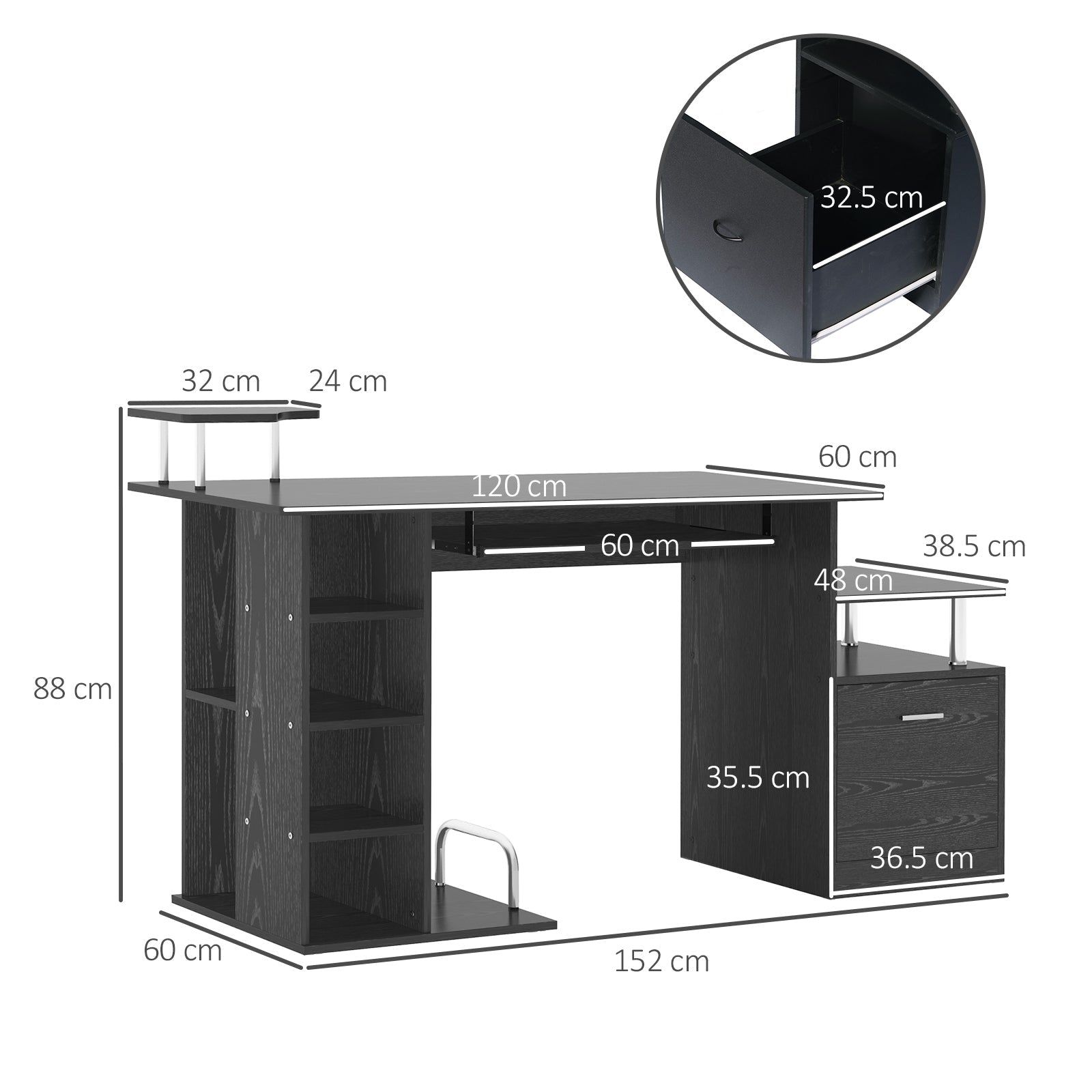 Easycomfort Scrivania per Computer Moderna with Cassetti, Ripiani e Tastiera Estraibile, Scrivania da Ufficio per Casa in Legno black 152x60x88cm