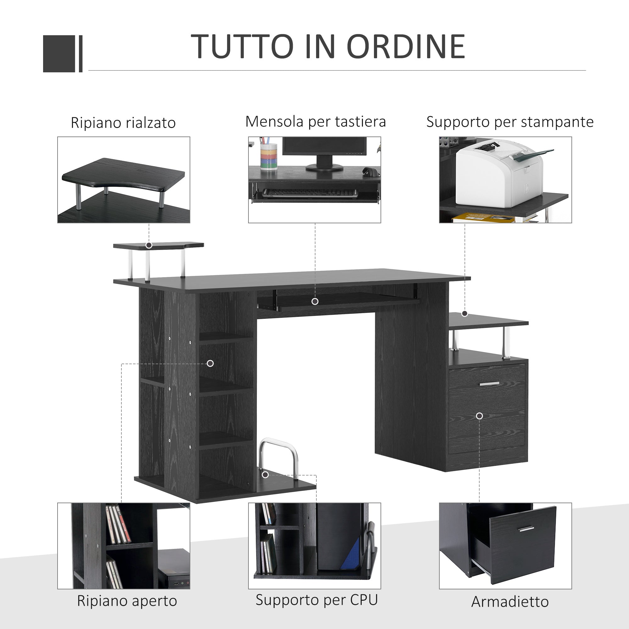 Easycomfort Scrivania per Computer Moderna with Cassetti, Ripiani e Tastiera Estraibile, Scrivania da Ufficio per Casa in Legno black 152x60x88cm
