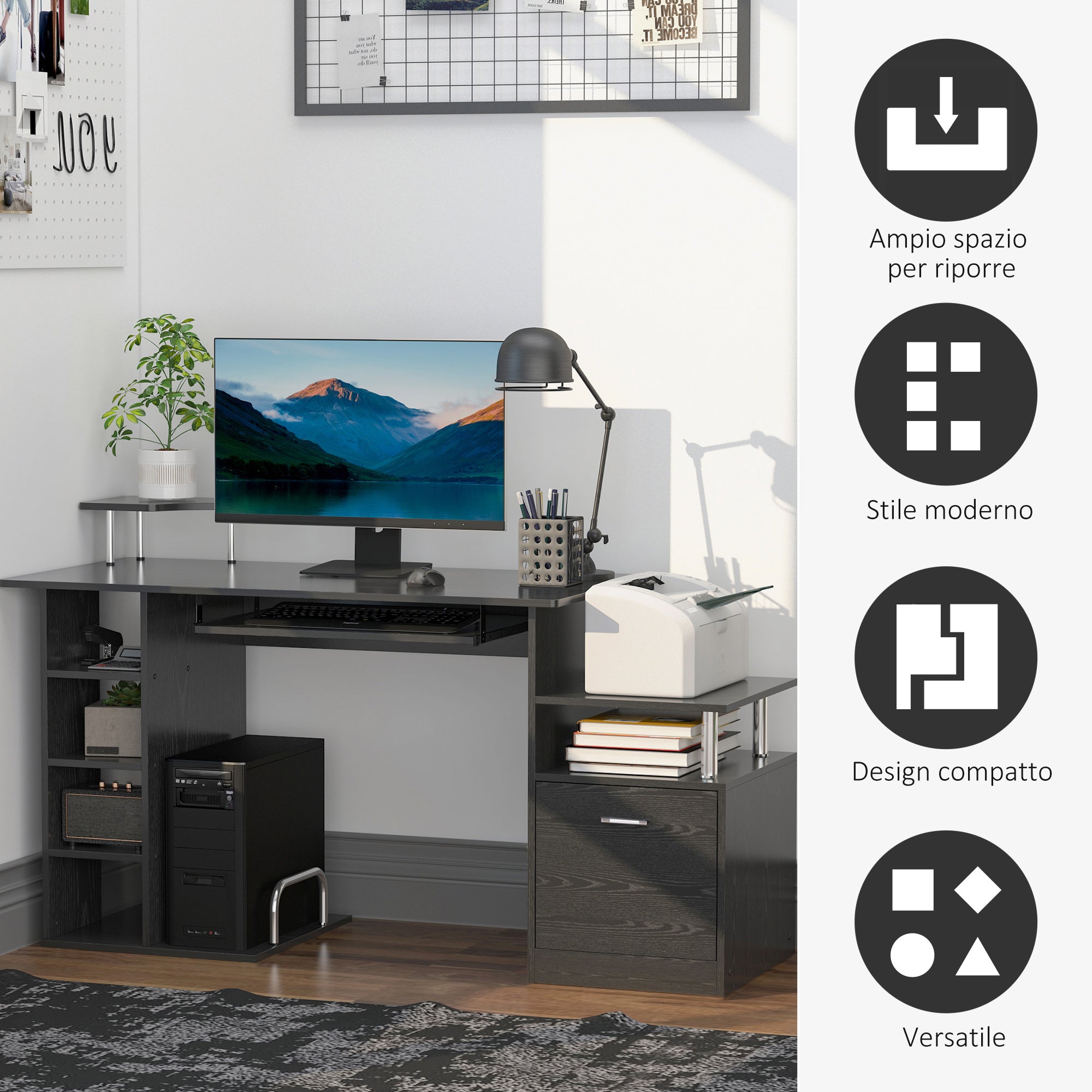 Easycomfort Scrivania per Computer Moderna with Cassetti, Ripiani e Tastiera Estraibile, Scrivania da Ufficio per Casa in Legno black 152x60x88cm