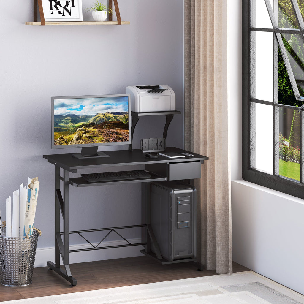 Easycomfort Scrivania per Computer Salvaspazio in Acciaio e Legno, Scrivania da Ufficio with Cassetto, Ripiano Tastiera Estraibile 90 x 50 x 95cm
