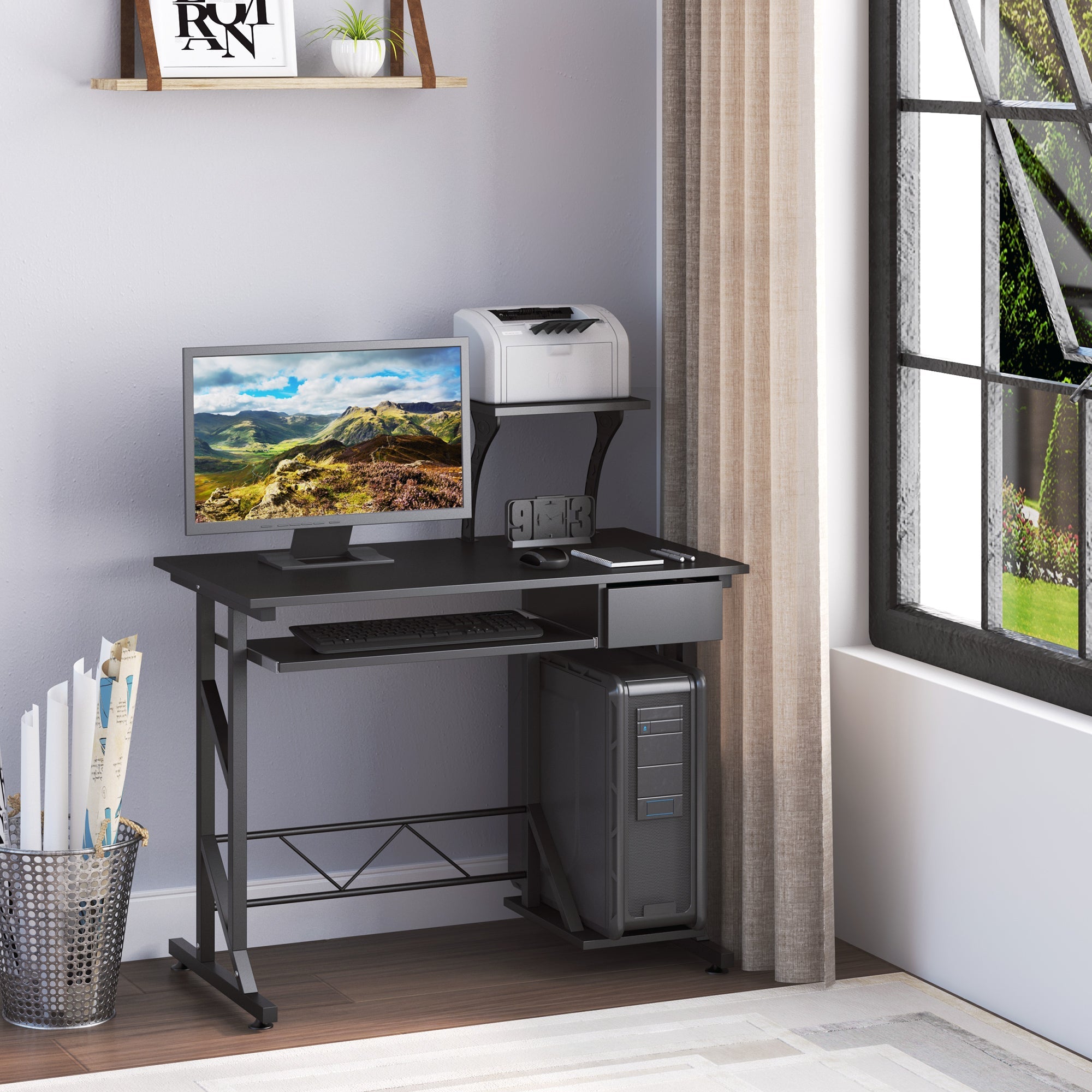 Easycomfort Scrivania per Computer Salvaspazio in Acciaio e Legno, Scrivania da Ufficio with Cassetto, Ripiano Tastiera Estraibile 90 x 50 x 95cm