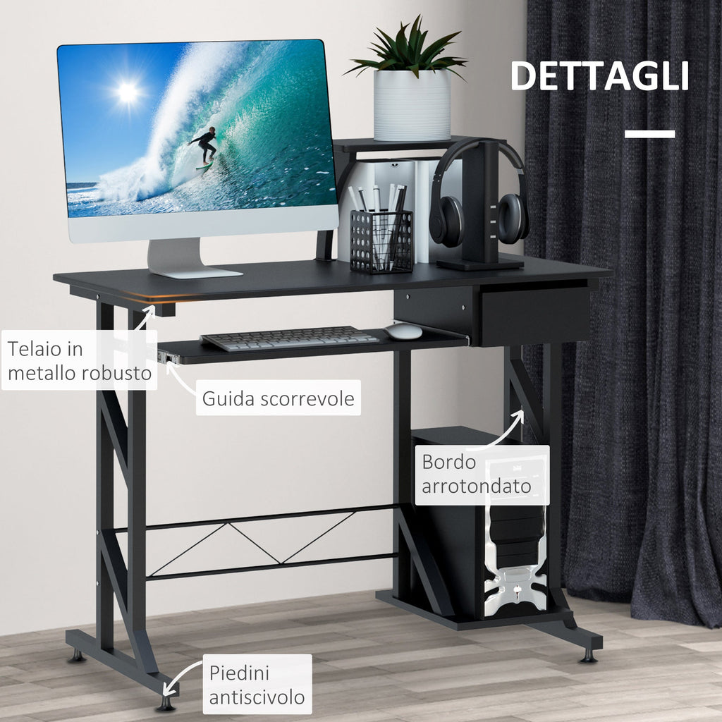 Easycomfort Scrivania per Computer Salvaspazio in Acciaio e Legno, Scrivania da Ufficio with Cassetto, Ripiano Tastiera Estraibile 90 x 50 x 95cm