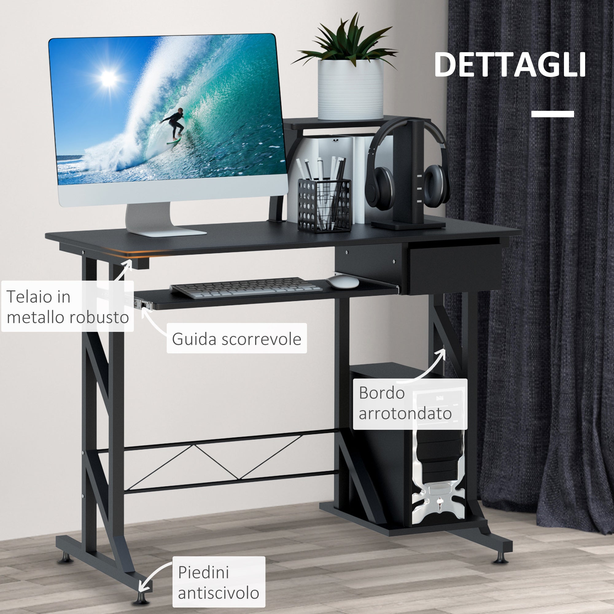 Easycomfort Scrivania per Computer Salvaspazio in Acciaio e Legno, Scrivania da Ufficio with Cassetto, Ripiano Tastiera Estraibile 90 x 50 x 95cm
