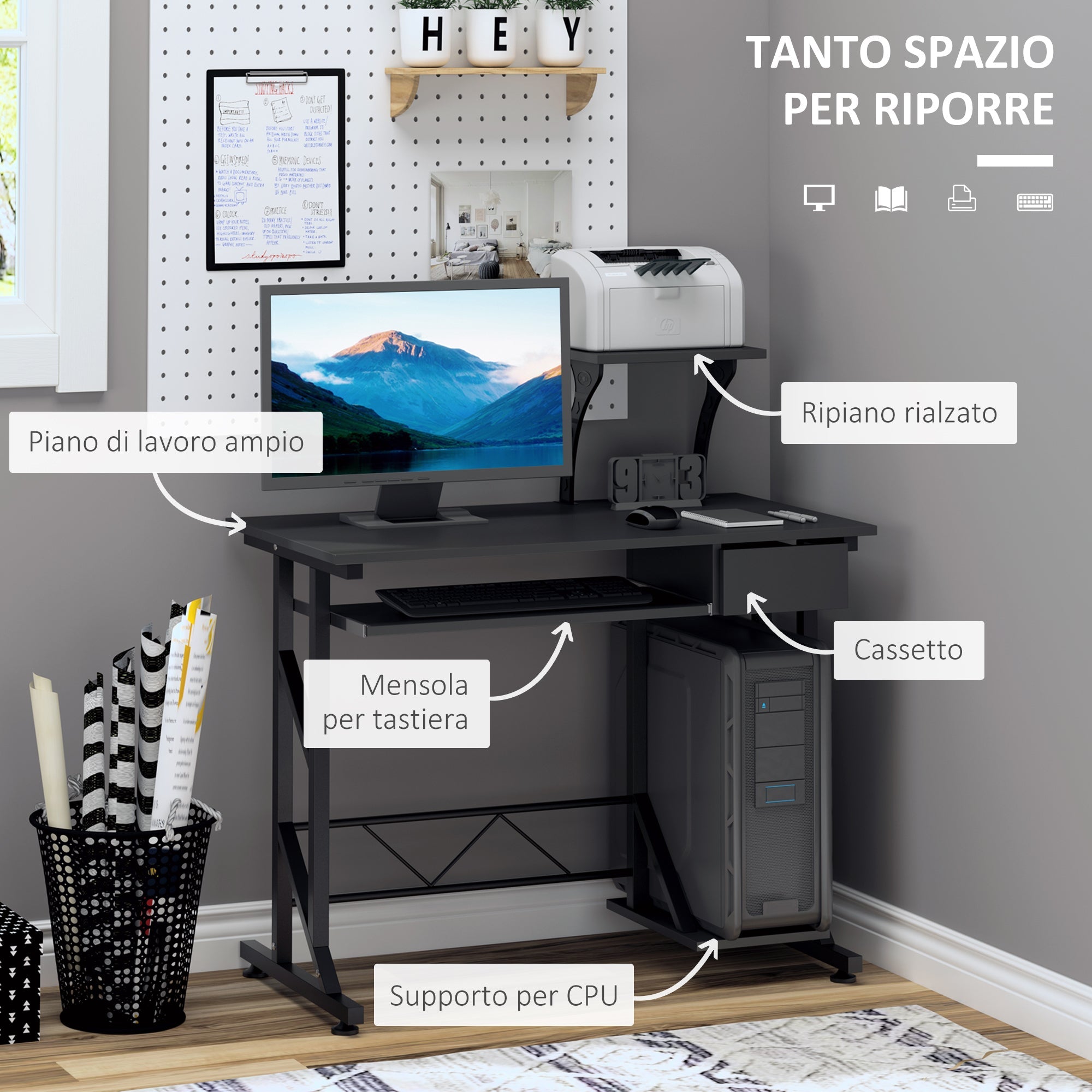 Easycomfort Scrivania per Computer Salvaspazio in Acciaio e Legno, Scrivania da Ufficio with Cassetto, Ripiano Tastiera Estraibile 90 x 50 x 95cm