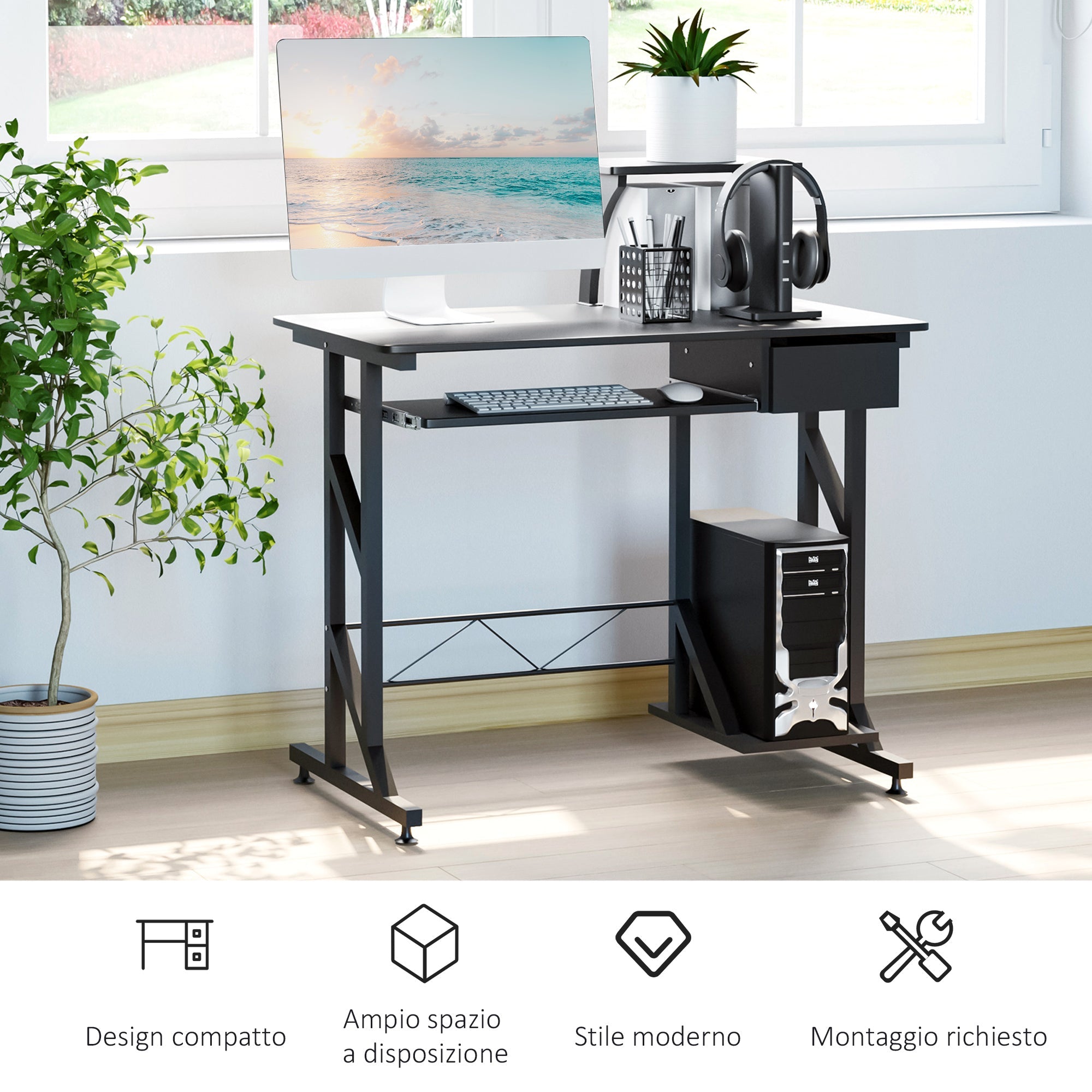 Easycomfort Scrivania per Computer Salvaspazio in Acciaio e Legno, Scrivania da Ufficio with Cassetto, Ripiano Tastiera Estraibile 90 x 50 x 95cm