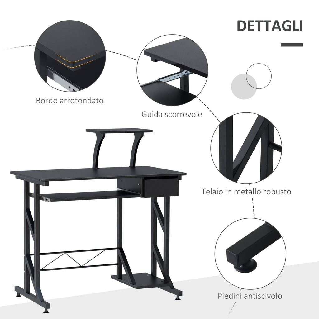 Easycomfort Scrivania per Computer Salvaspazio in Acciaio e Legno, Scrivania da Ufficio with Cassetto, Ripiano Tastiera Estraibile 90 x 50 x 95cm