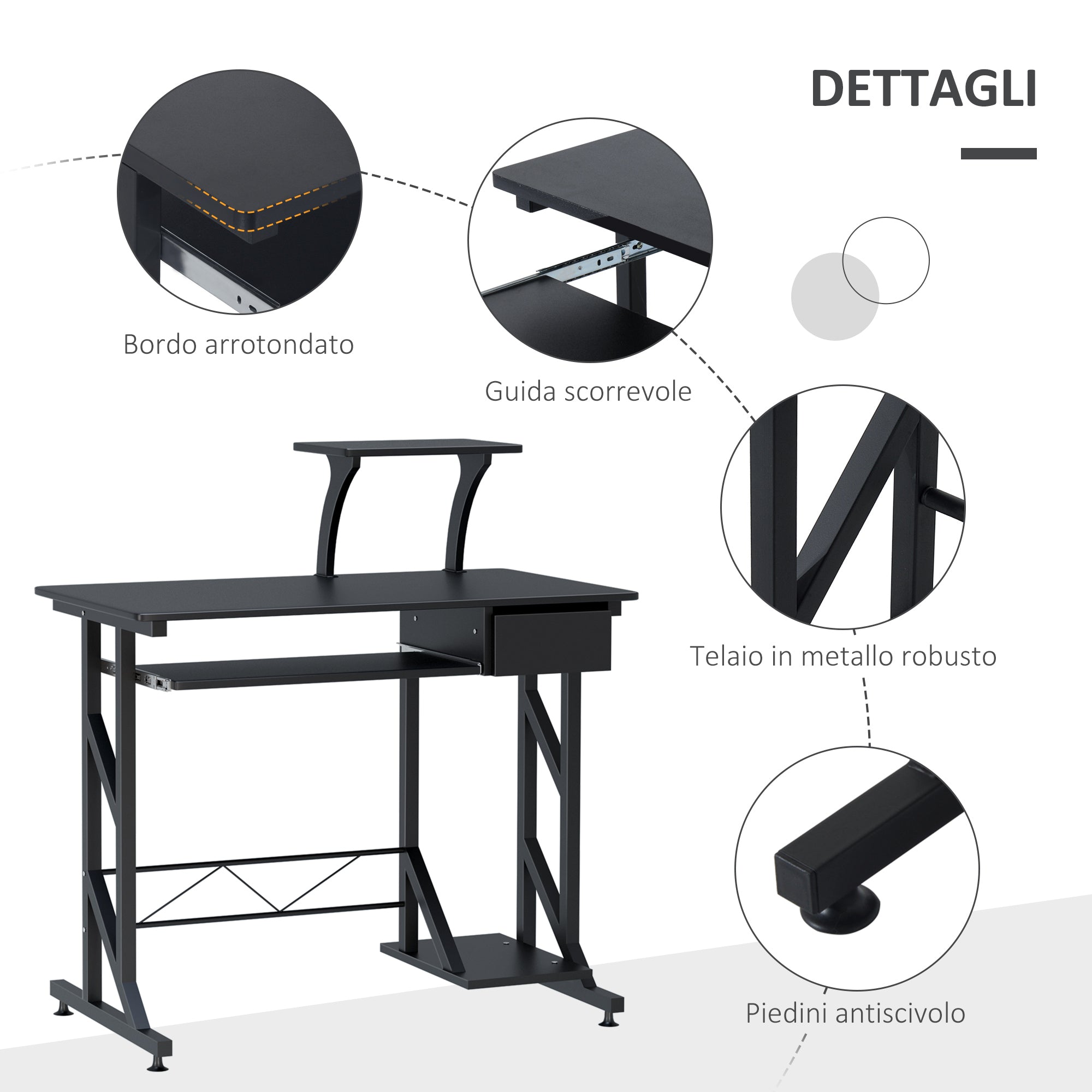 Easycomfort Scrivania per Computer Salvaspazio in Acciaio e Legno, Scrivania da Ufficio with Cassetto, Ripiano Tastiera Estraibile 90 x 50 x 95cm