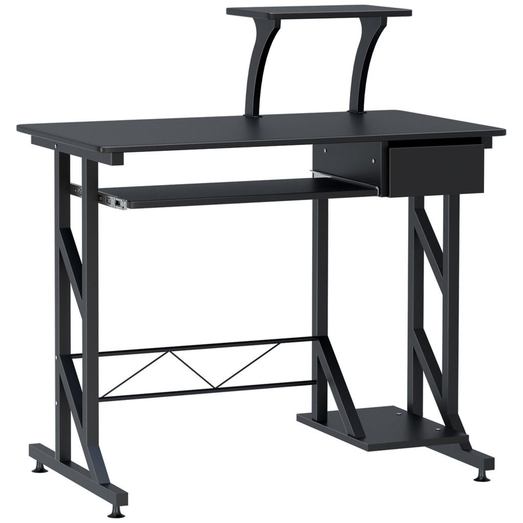 Easycomfort Scrivania per Computer Salvaspazio in Acciaio e Legno, Scrivania da Ufficio with Cassetto, Ripiano Tastiera Estraibile 90 x 50 x 95cm