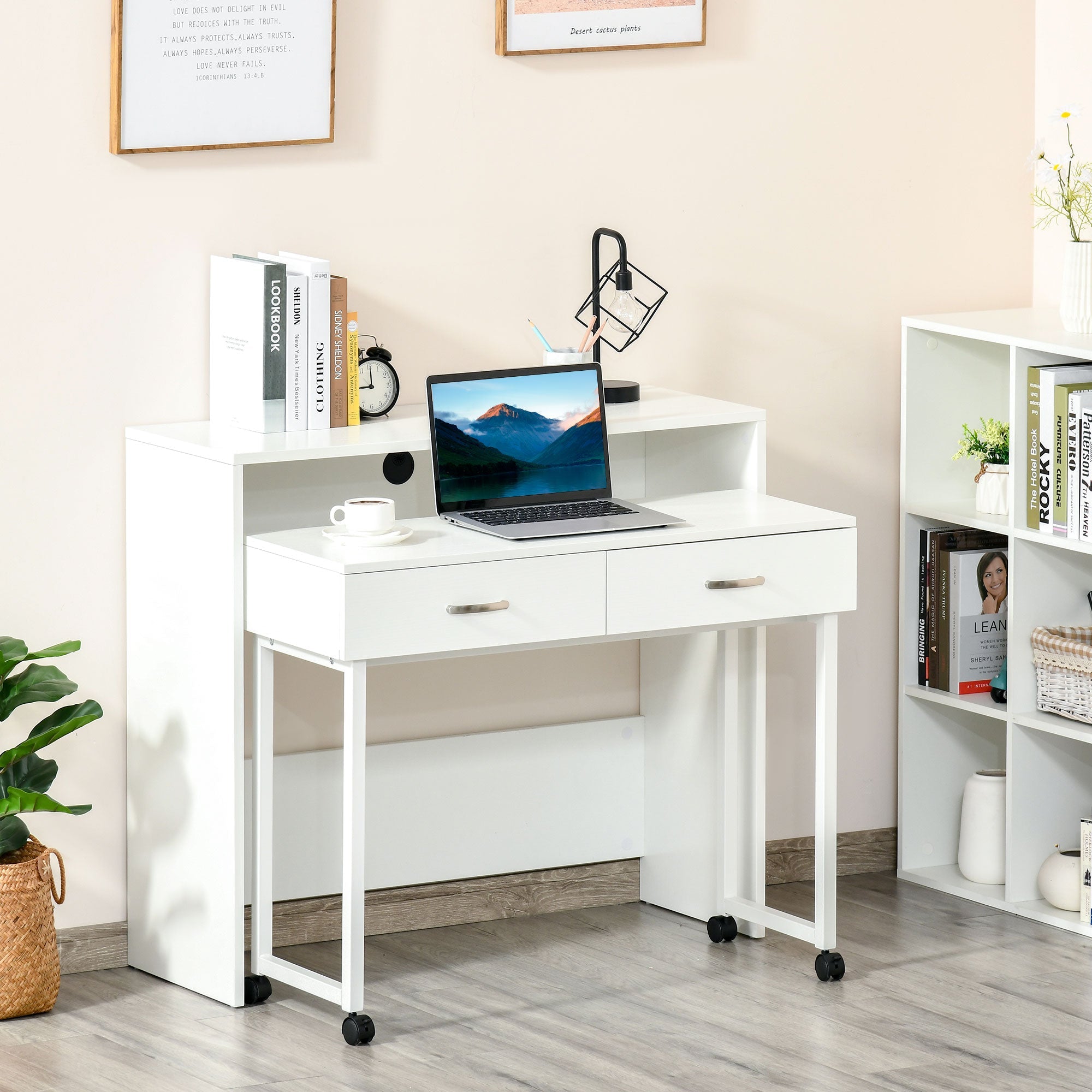 Easycomfort Tavolo Scrivania Salvaspazio per Camera e Ufficio, Scrivania with Cassetti e Ruote, Postazione di Lavoro Doppia o Singola, 100x36x88cm, white