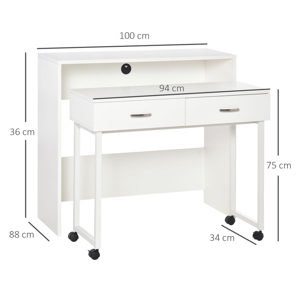 Easycomfort Tavolo Scrivania Salvaspazio per Camera e Ufficio, Scrivania with Cassetti e Ruote, Postazione di Lavoro Doppia o Singola, 100x36x88cm, white