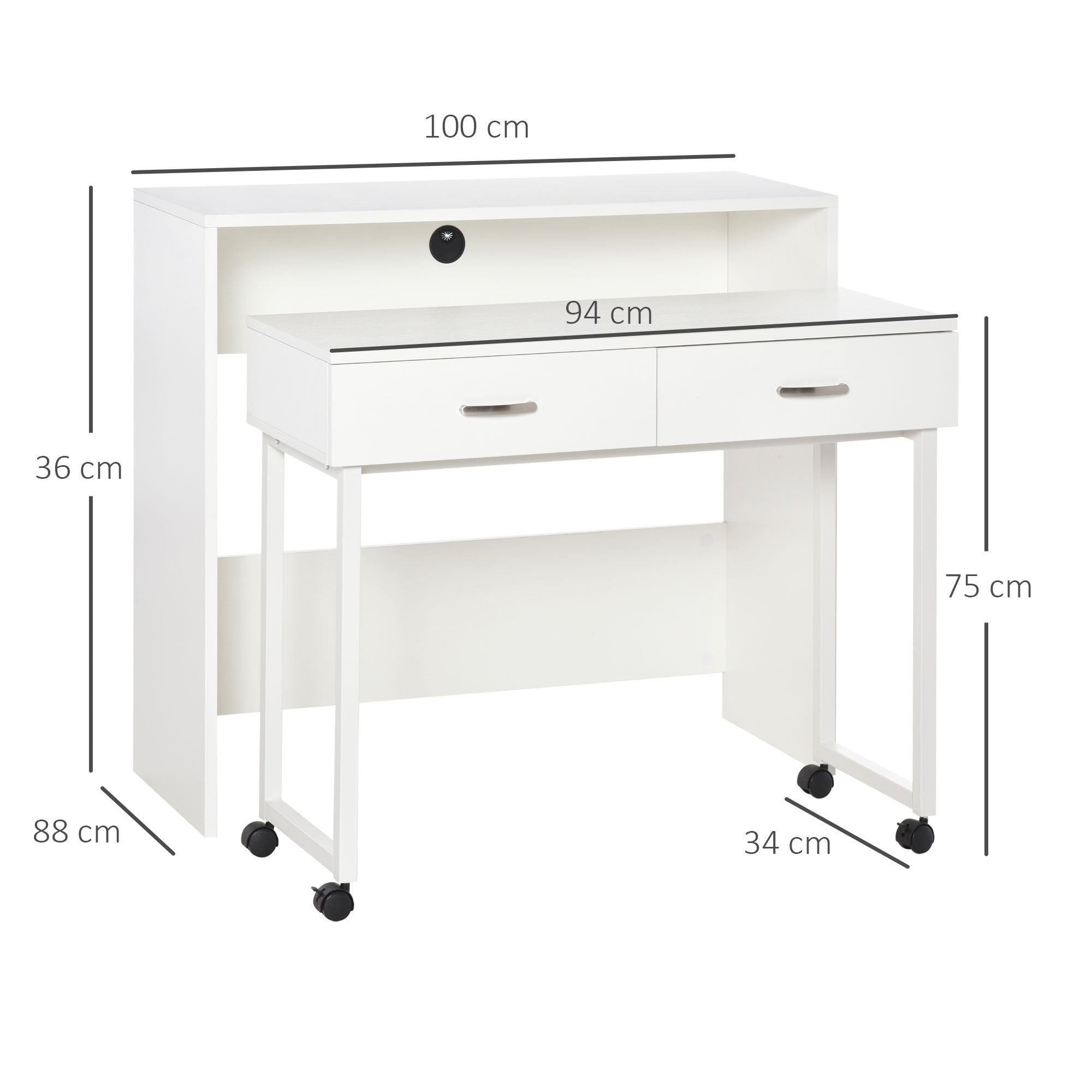Easycomfort Tavolo Scrivania Salvaspazio per Camera e Ufficio, Scrivania with Cassetti e Ruote, Postazione di Lavoro Doppia o Singola, 100x36x88cm, white