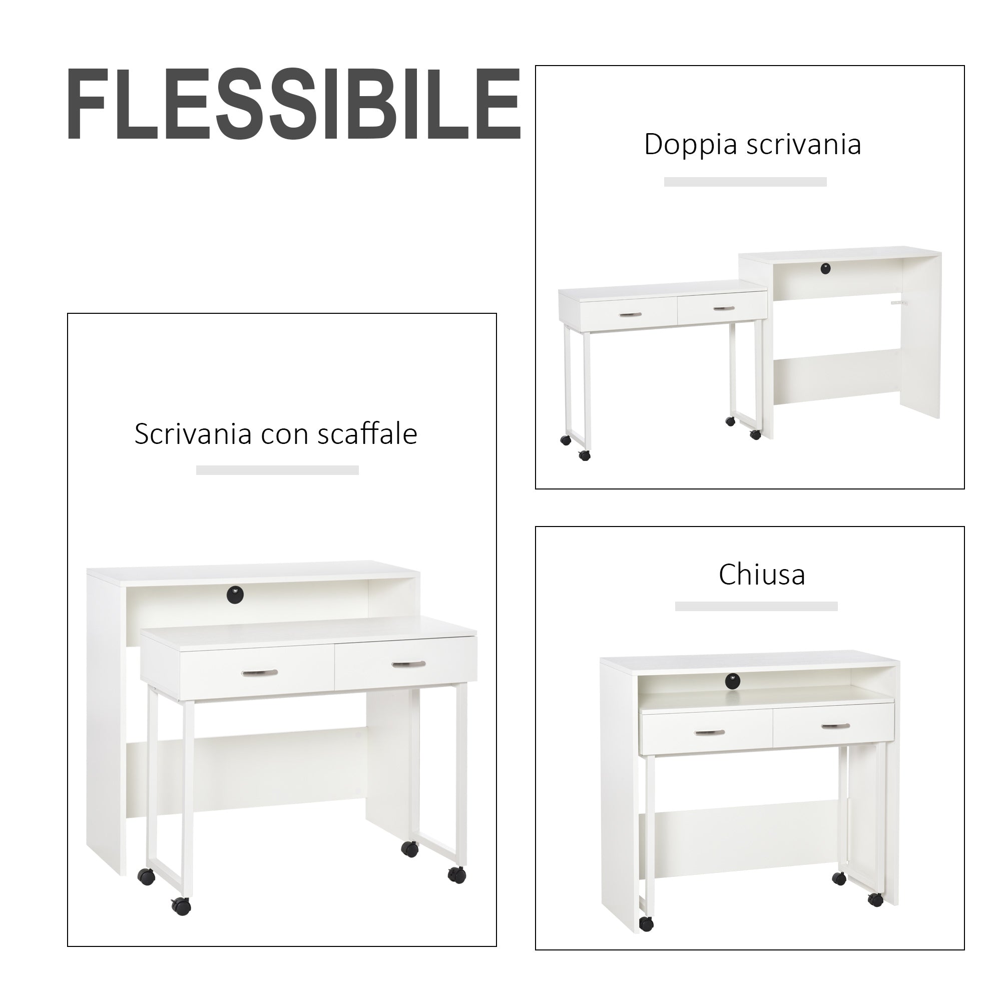 Easycomfort Tavolo Scrivania Salvaspazio per Camera e Ufficio, Scrivania with Cassetti e Ruote, Postazione di Lavoro Doppia o Singola, 100x36x88cm, white